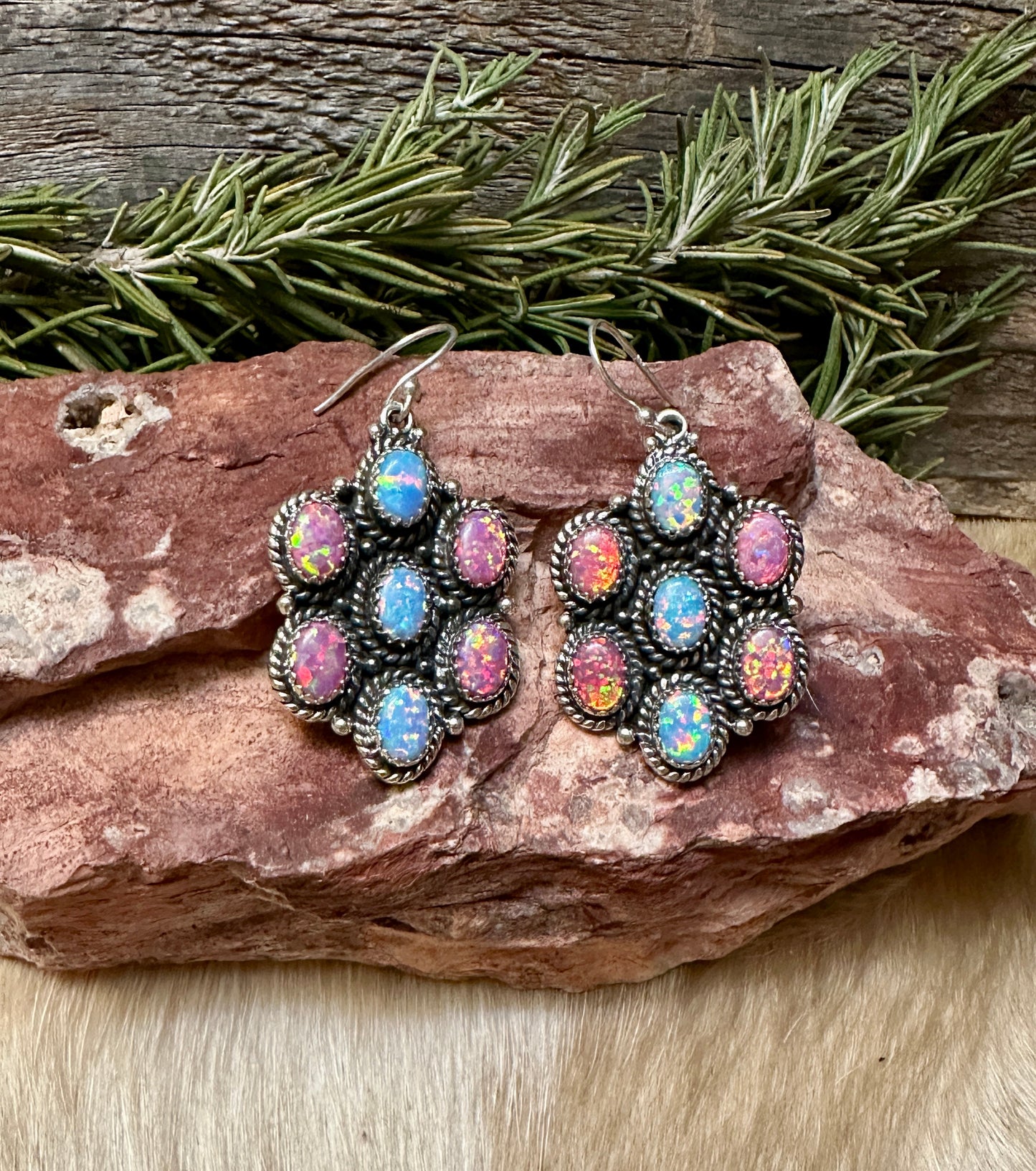 Handmade Pink and Blue Opal Sterling Silver Wire Dangle Earrings