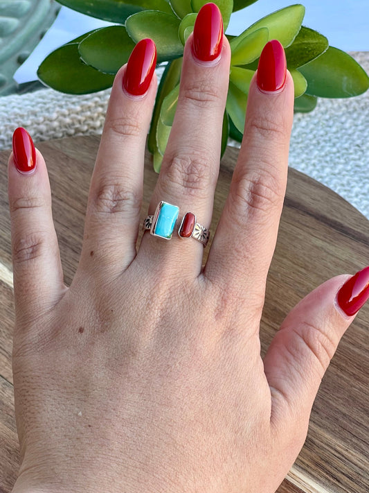 Beautiful Handmade Turquoise, Coral And Sterling Silver Adjustable Ring