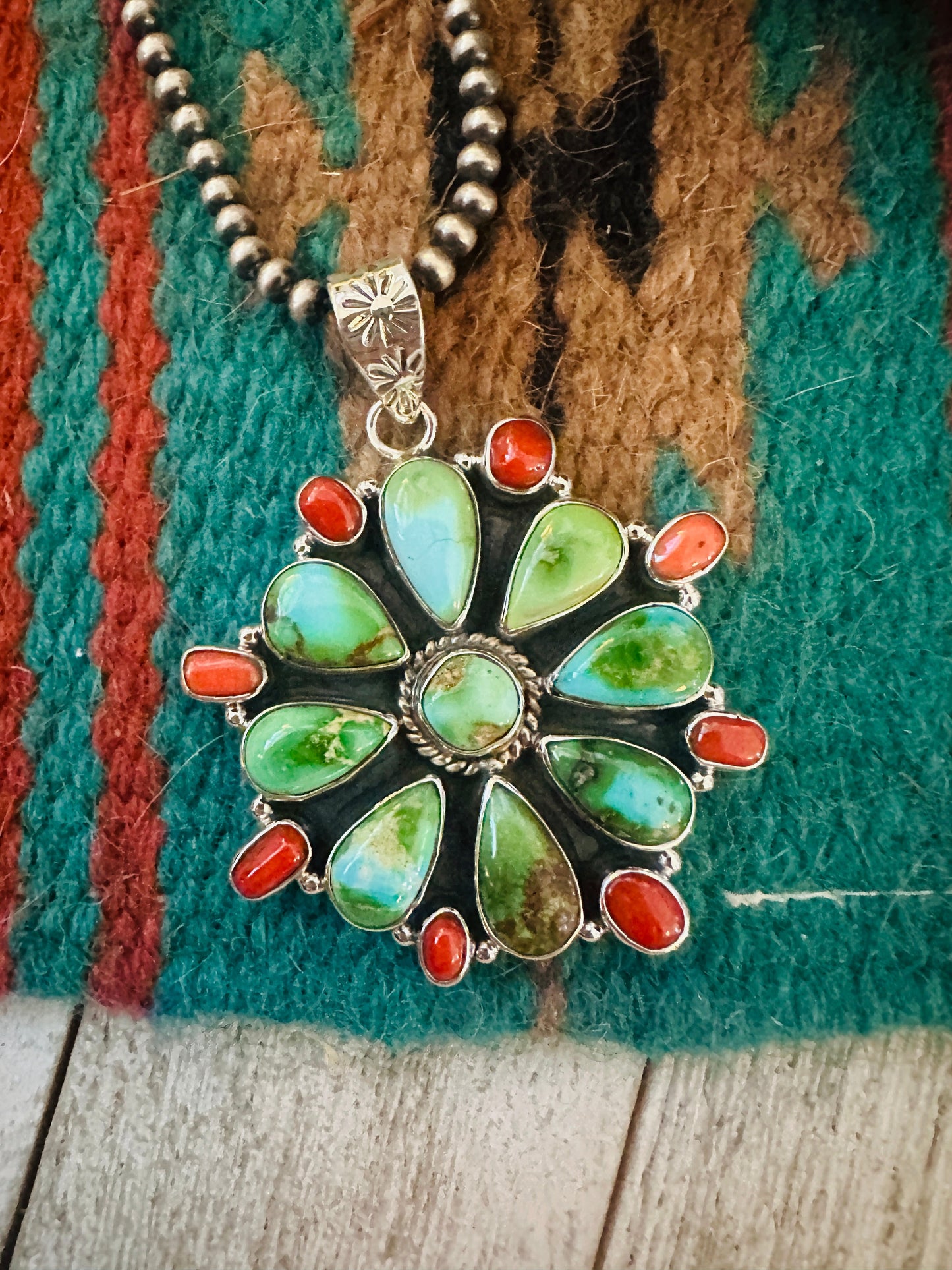 ** Christmas Collection ** Handmade Sterling Silver, Turquoise & Coral Pendant Signed Nizhoni