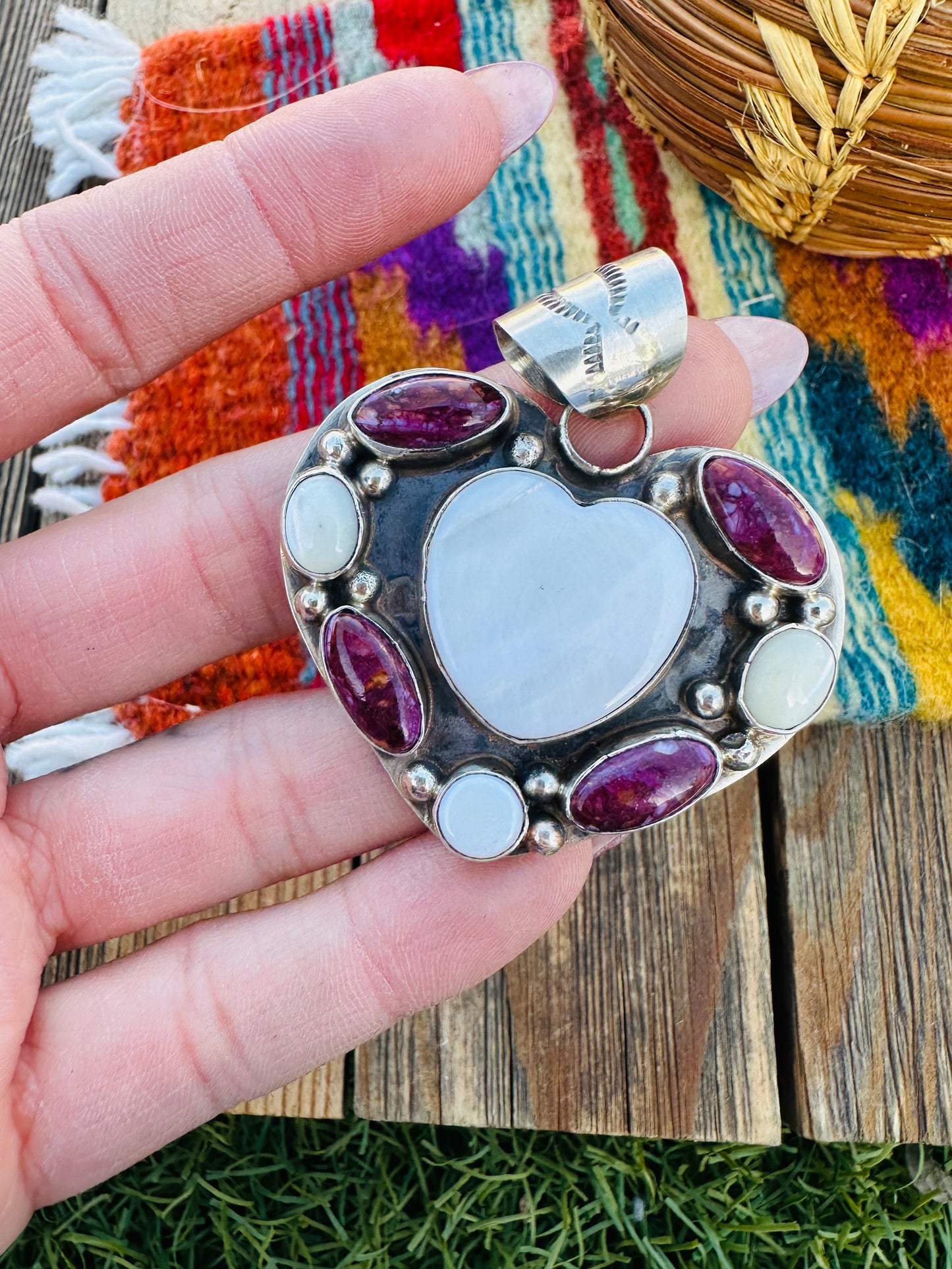 Handcrafted Mother of Pearl, Spiny & Sterling Silver Heart Pendant by Jacqueline Silver