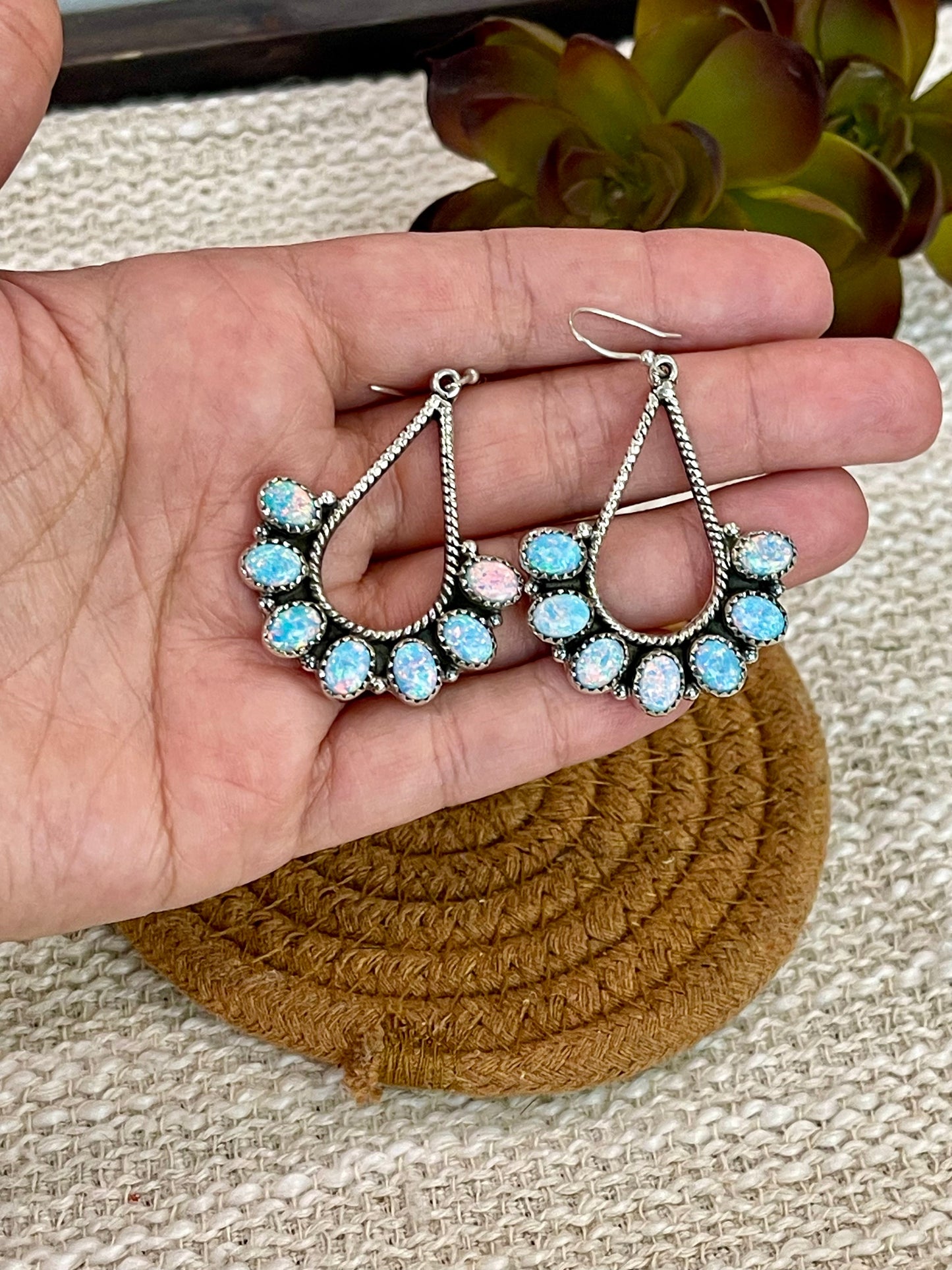 Handmade Light Blue Fire Opal & Sterling Silver Dangle Earrings