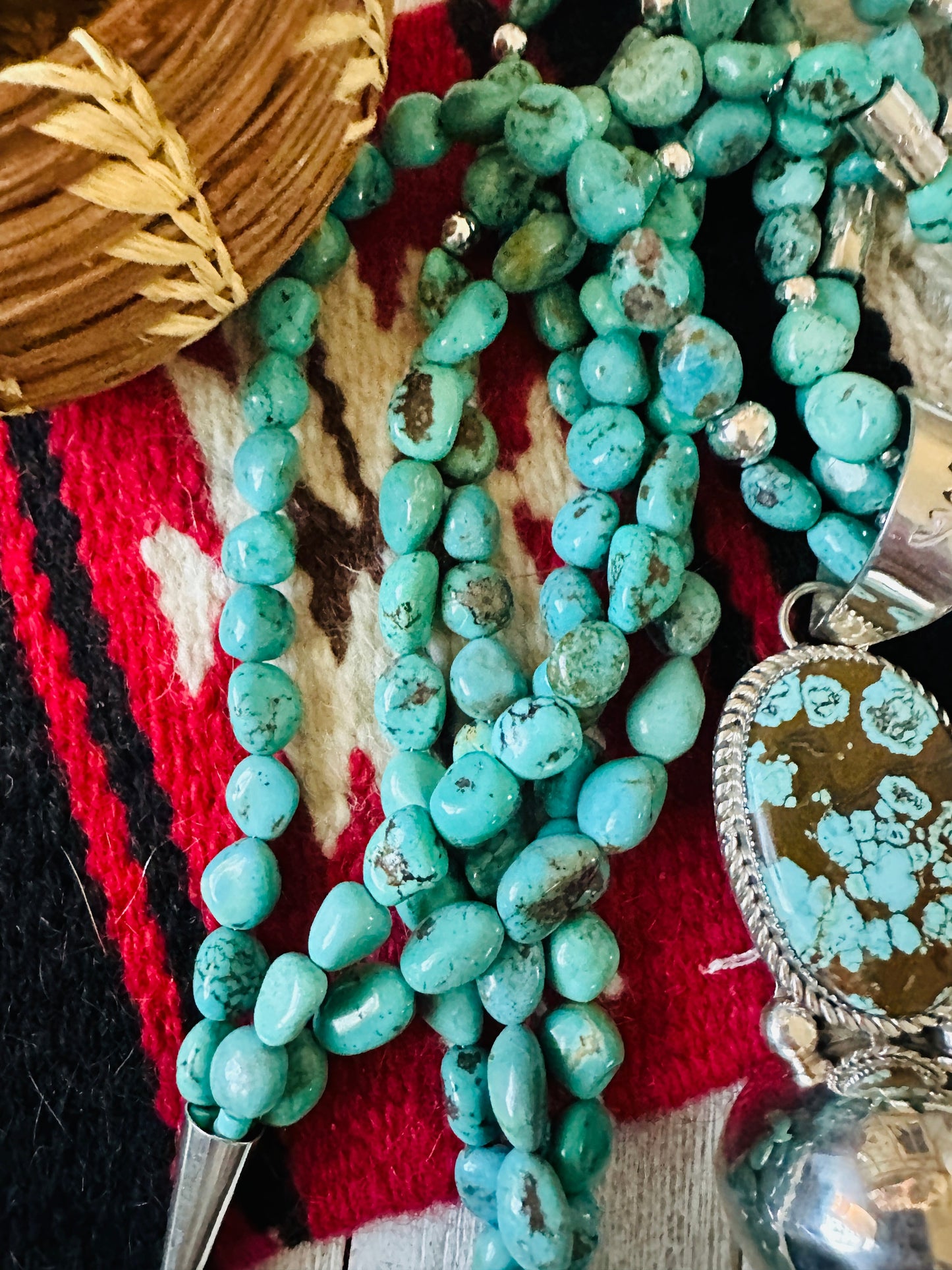 Vintage Old Pawn Handcrafted Turquoise & Sterling Silver Beaded Blossom Necklace