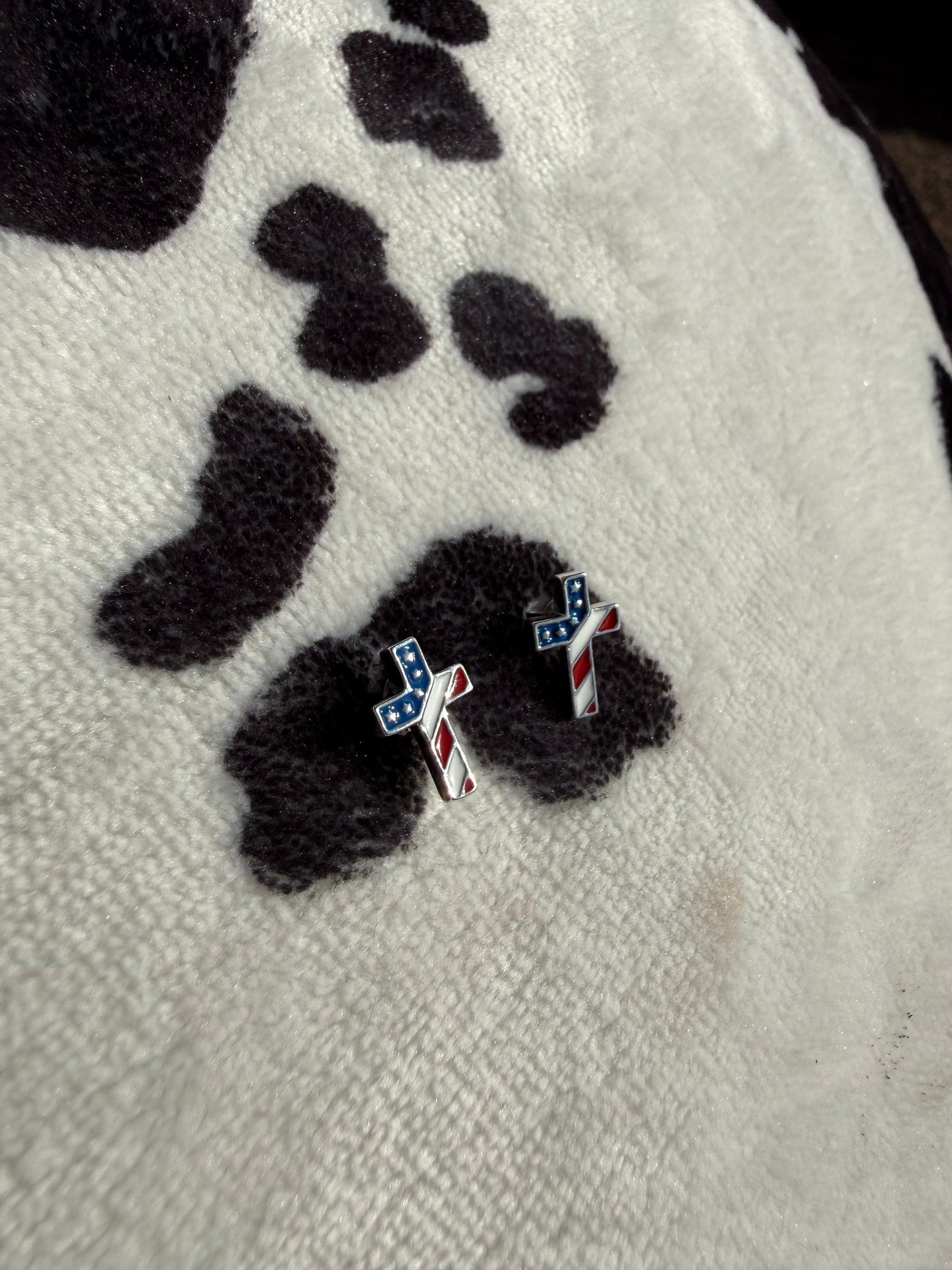Fourth Of July American Flag Cross Sterling Silver Stud Earrings
