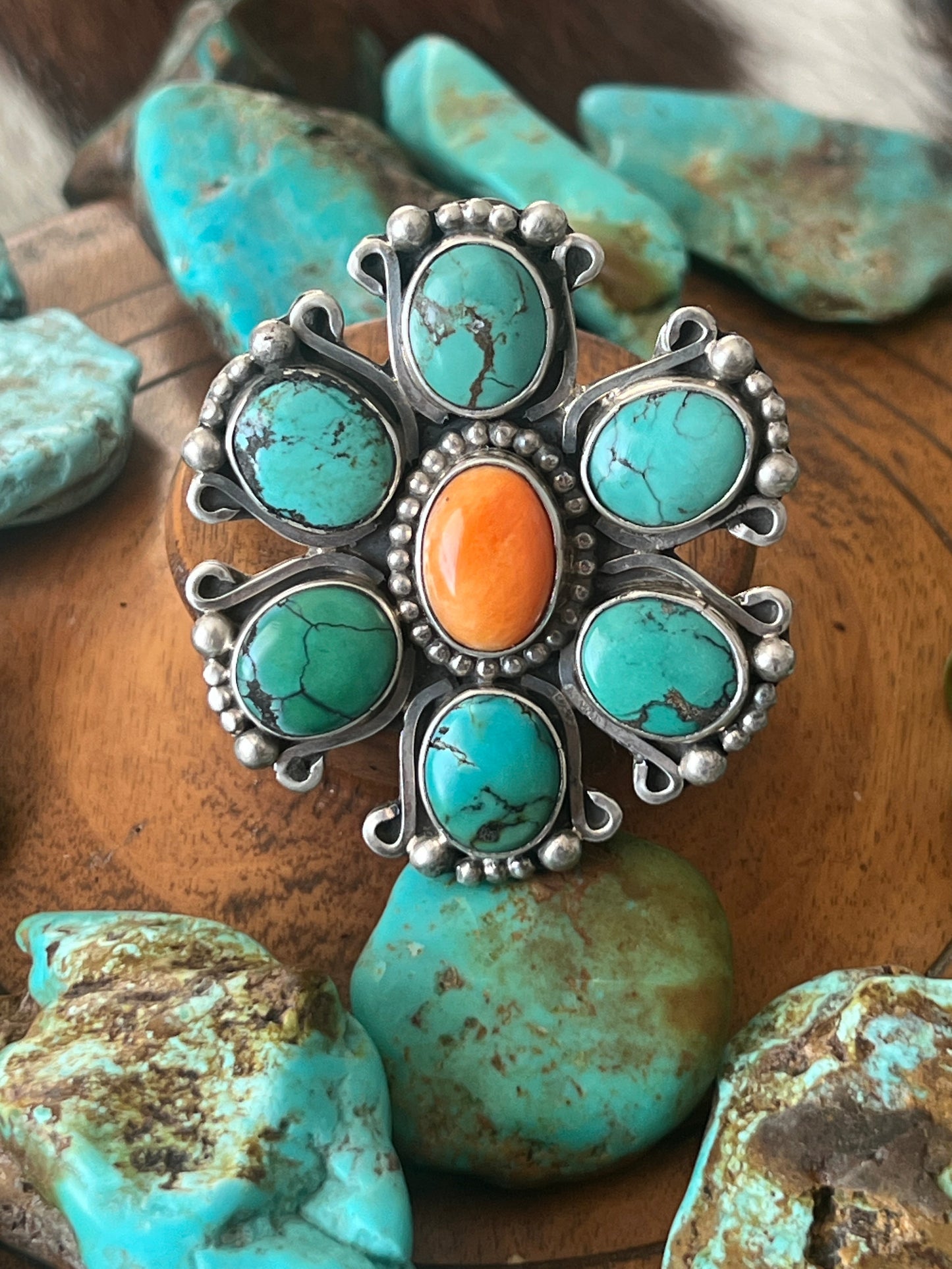 Rosella Paxson Sterling Silver, Hubei Turquoise and Spiny Oyster Shell Cluster Ring