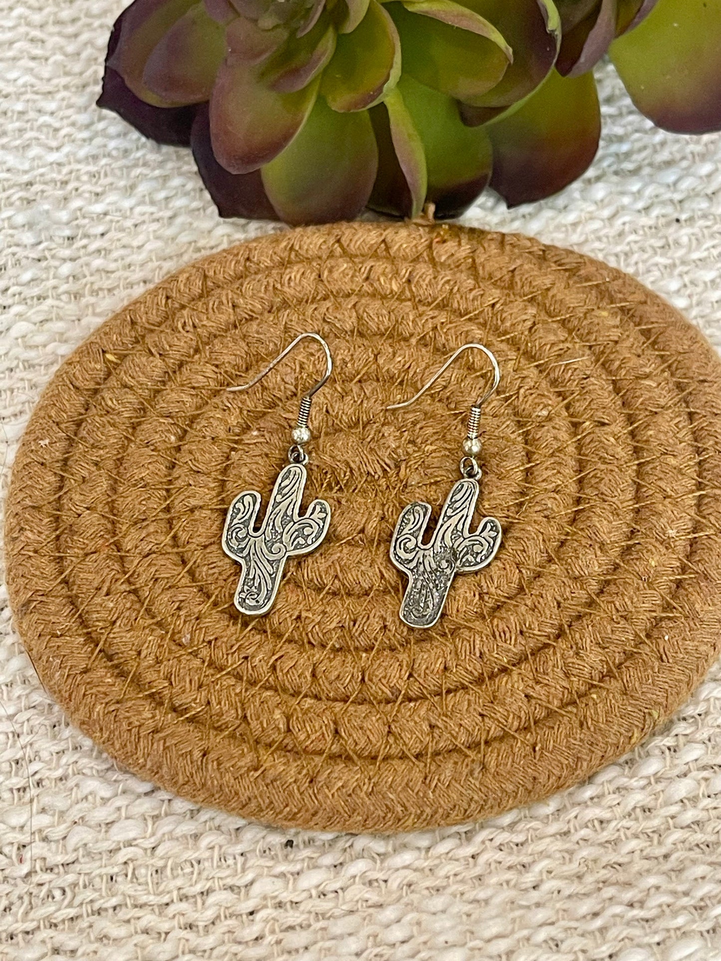 Old Pawn Handmade Sterling Silver Cactus Dangle Earrings