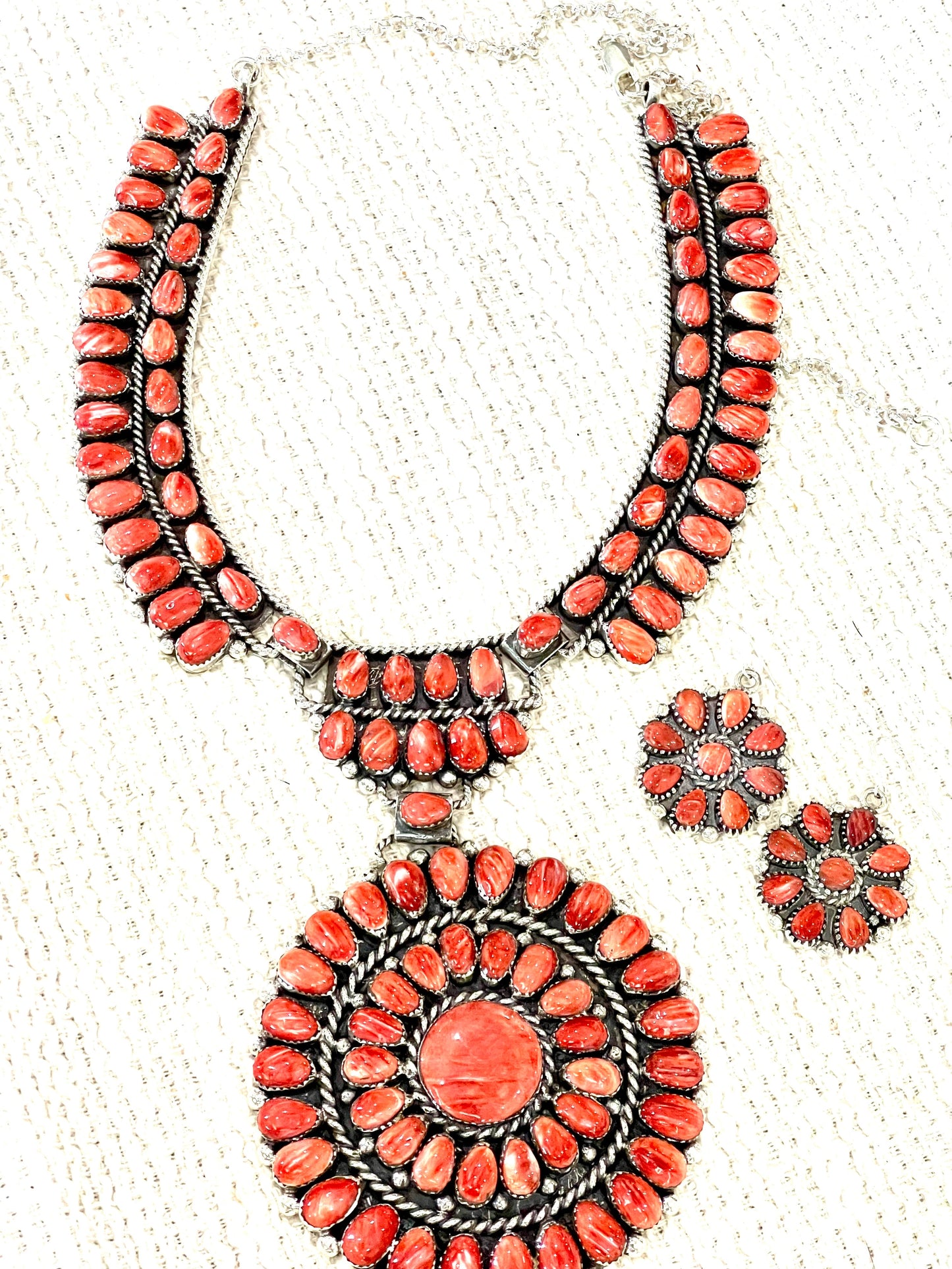 Beautiful Handmade Sterling Silver & Red Spiny Cluster Necklace And Earring Set