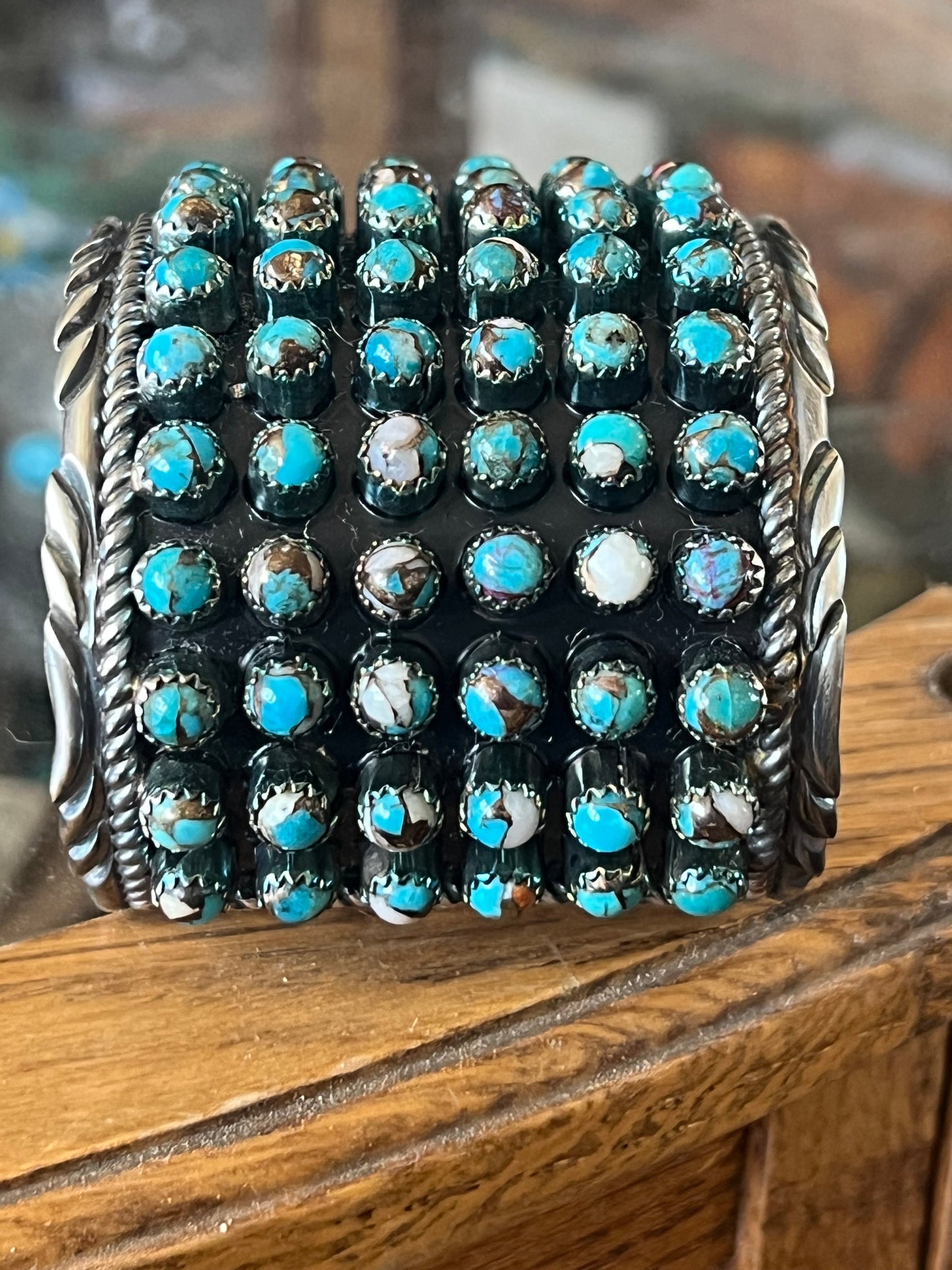 Handcrafted Sterling Silver and Blue Mohave Snake Eye Style Six Row Cuff Bracelet, Signed BJ
