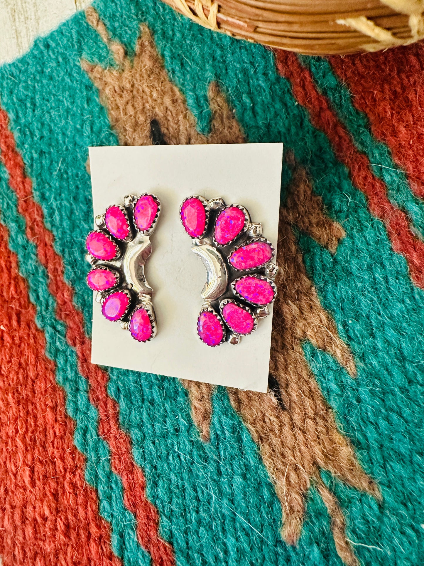 Handcrafted Pink Opal & Sterling Silver Crescent Cluster Earrings