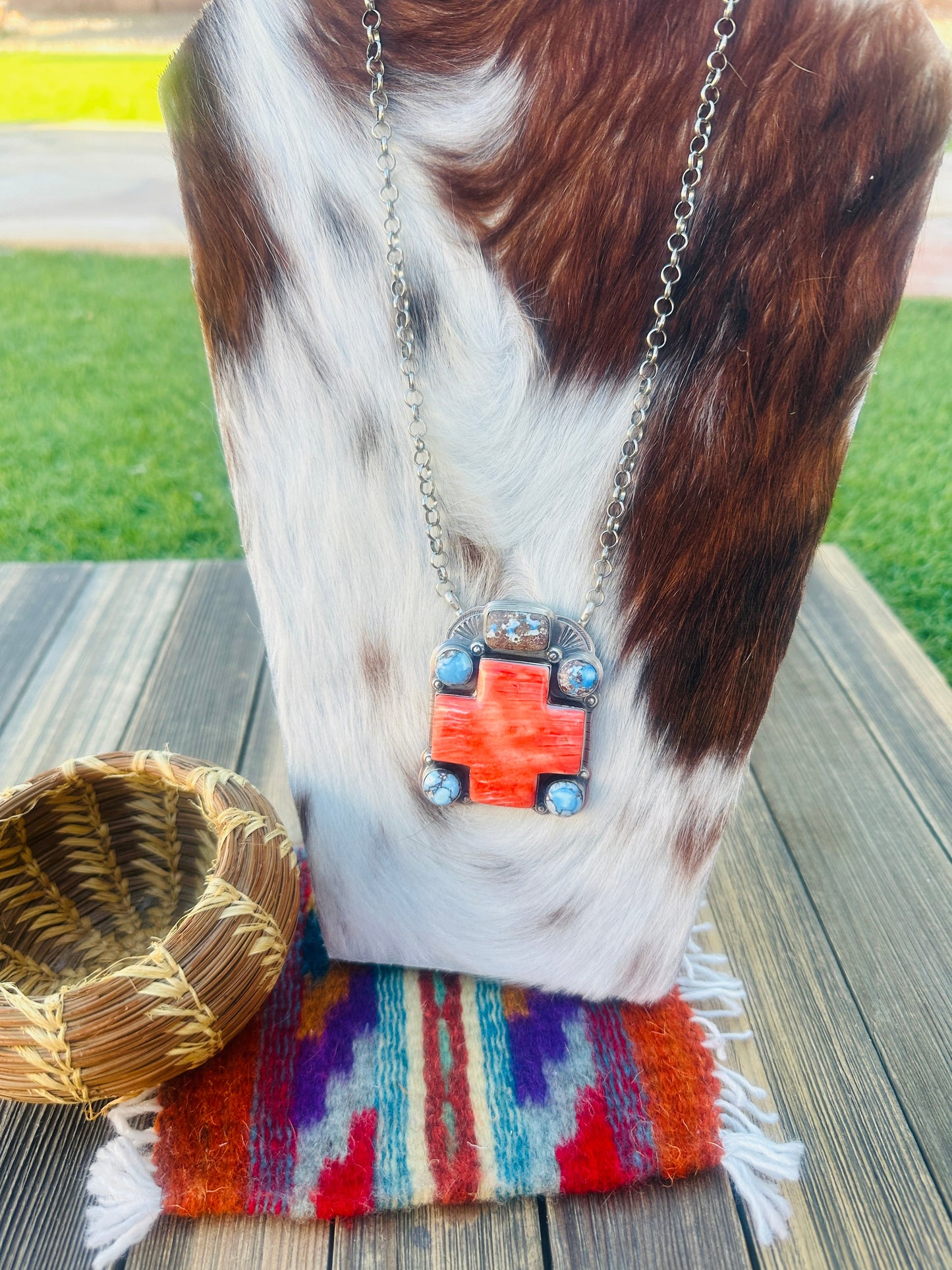Handcrafted Spiny Oyster, Turquoise & Sterling Silver Cross Necklace