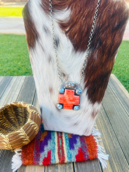 Handcrafted Spiny Oyster, Turquoise & Sterling Silver Cross Necklace