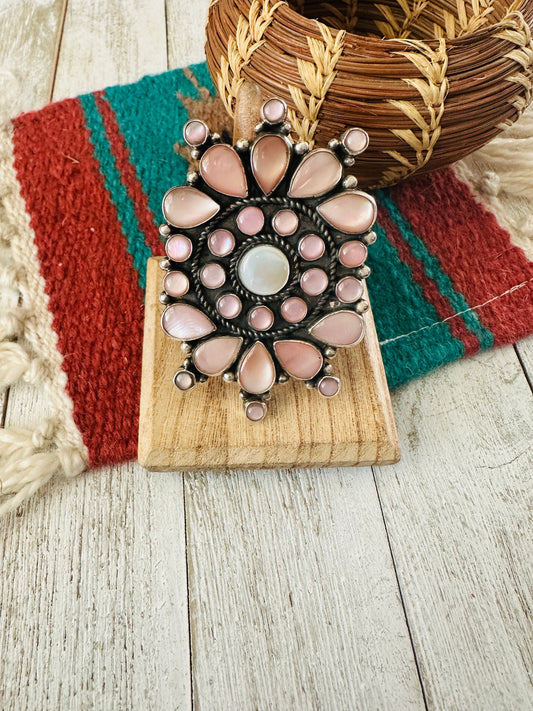 Handcrafted Sterling Silver & Mother of Pearl Cluster Ring Size 9.5