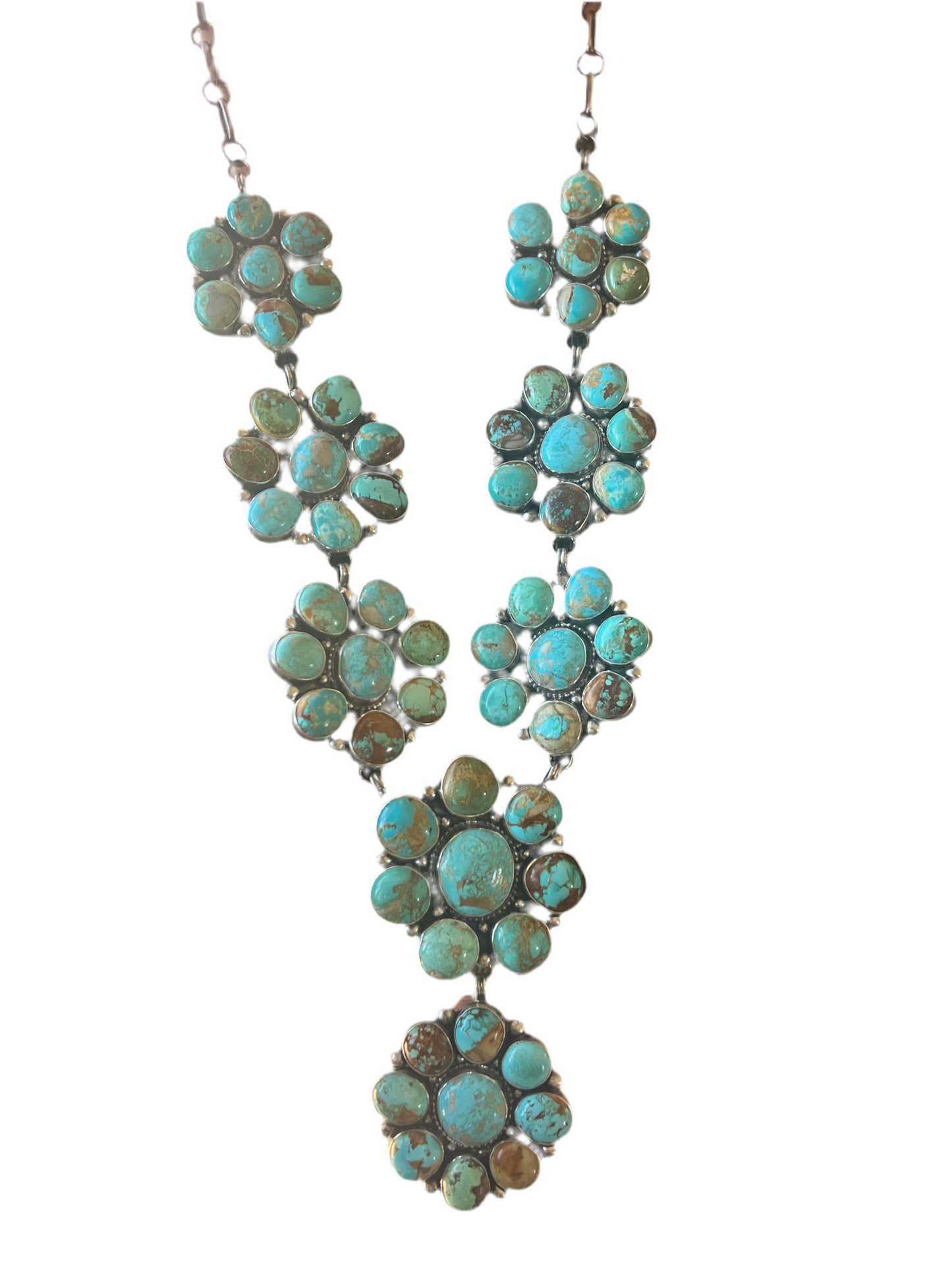 Handcrafted Big Mama Sterling Silver and Royston Turquoise Cluster Necklace with Matching Earrings by Sheila Becenti