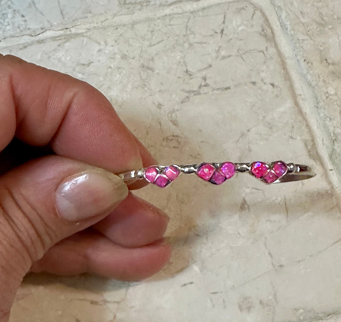 Handcrafted Sterling Silver Opal Three Hot Pink Hearts Baby Cuff Bracelet