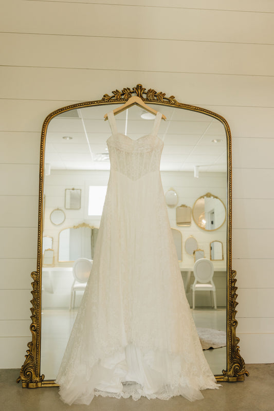 The Meredith Gown – Vintage Prairie Lace Wedding Dress with Basque Waistline