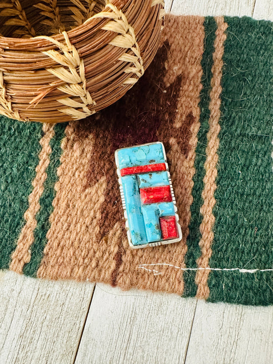 Turquoise, Coral & Sterling Silver Inlay Money Clip