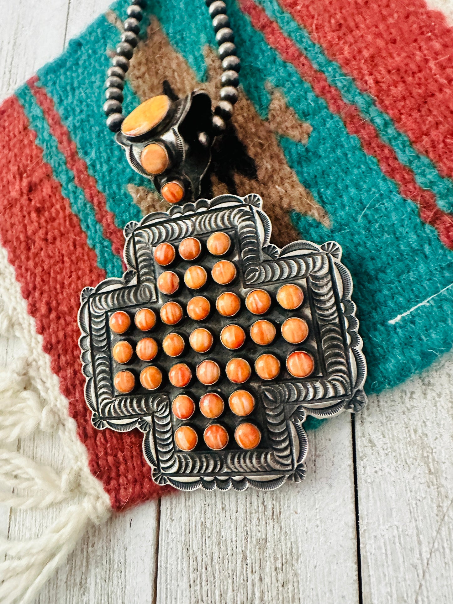 Handcrafted Sterling Silver & Orange Spiny Cross Pendant by Shawn Cayatineto