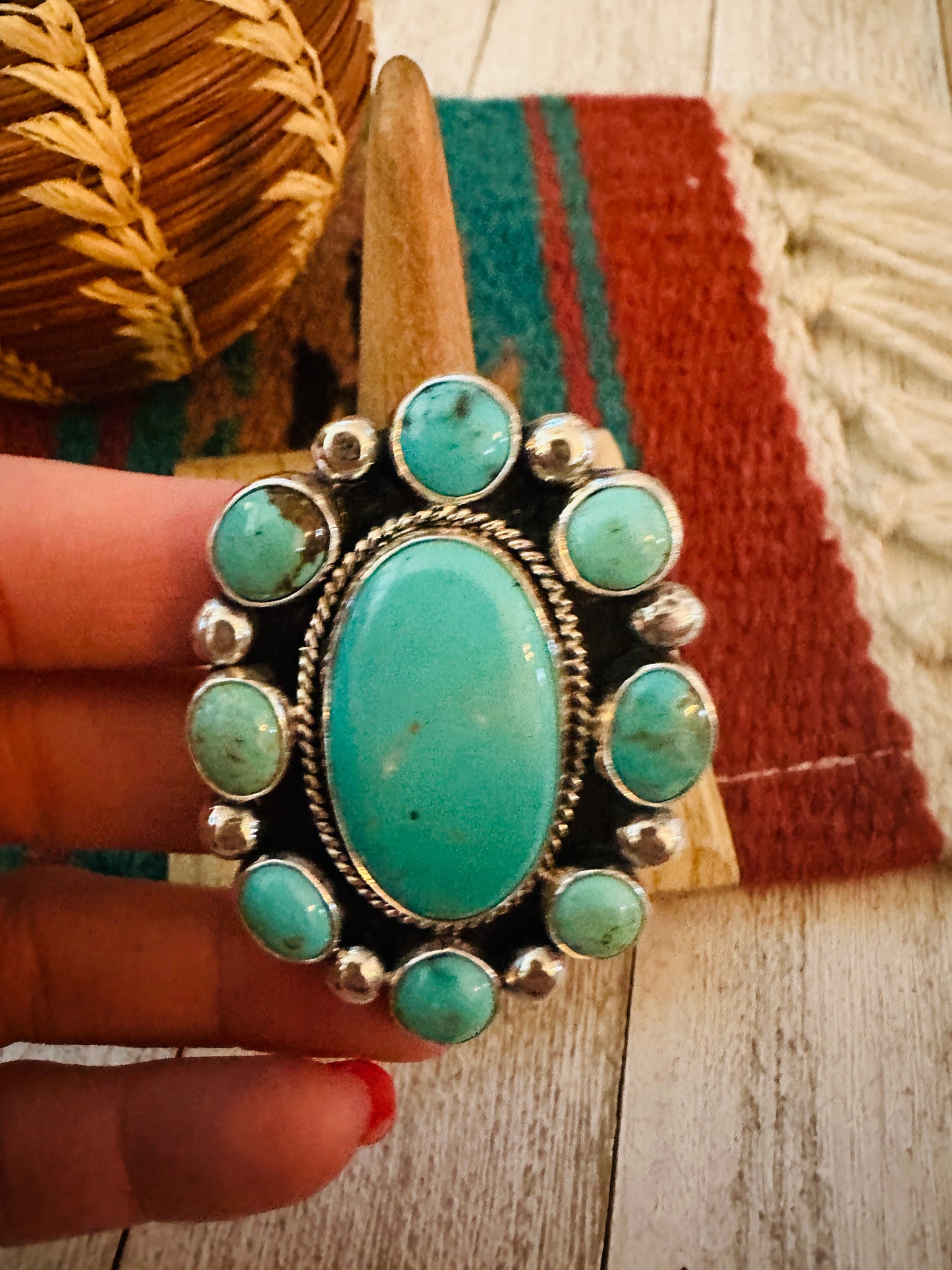Handcrafted Sterling Silver & Turquoise Cluster Adjustable Ring