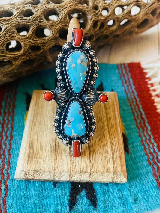 Handcrafted Sterling Kingman Turquoise & Red Coral Ring Size 8.5 By Shawn Cayatineto