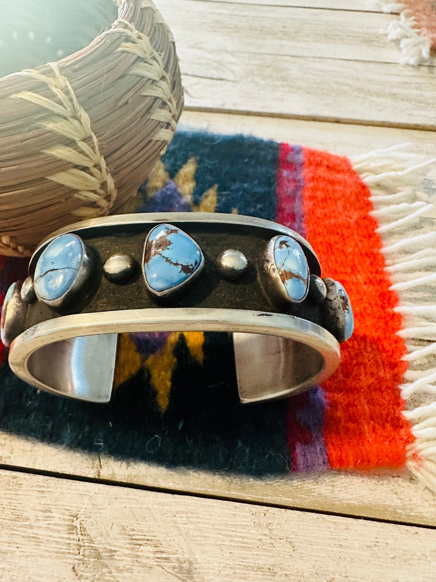 Navajo Golden Hills Turquoise & Sterling Silver Shadowbox Cuff Bracelet