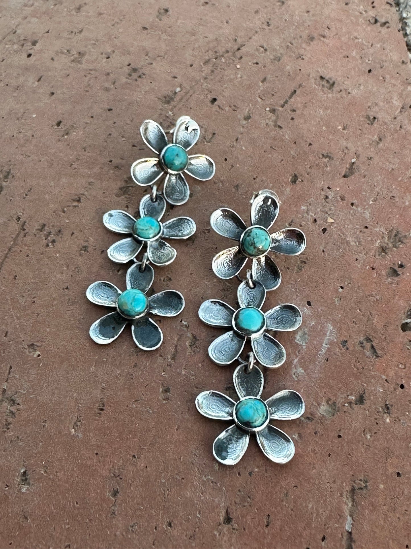 Handmade Sterling Silver and Kingman Turquoise Daisy Earrings