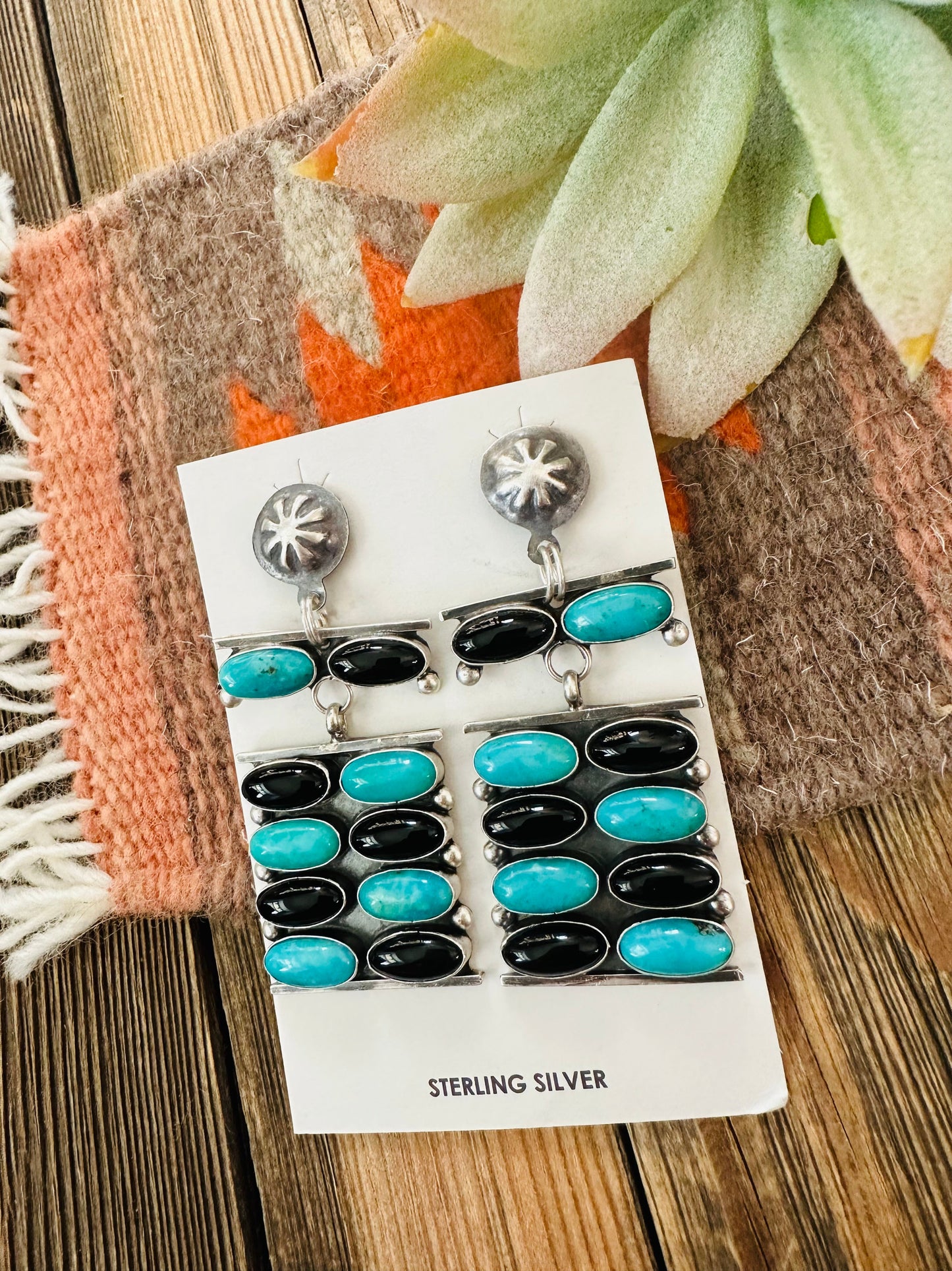 Handcrafted Turquoise, Onyx & Sterling Silver Dangle Earrings