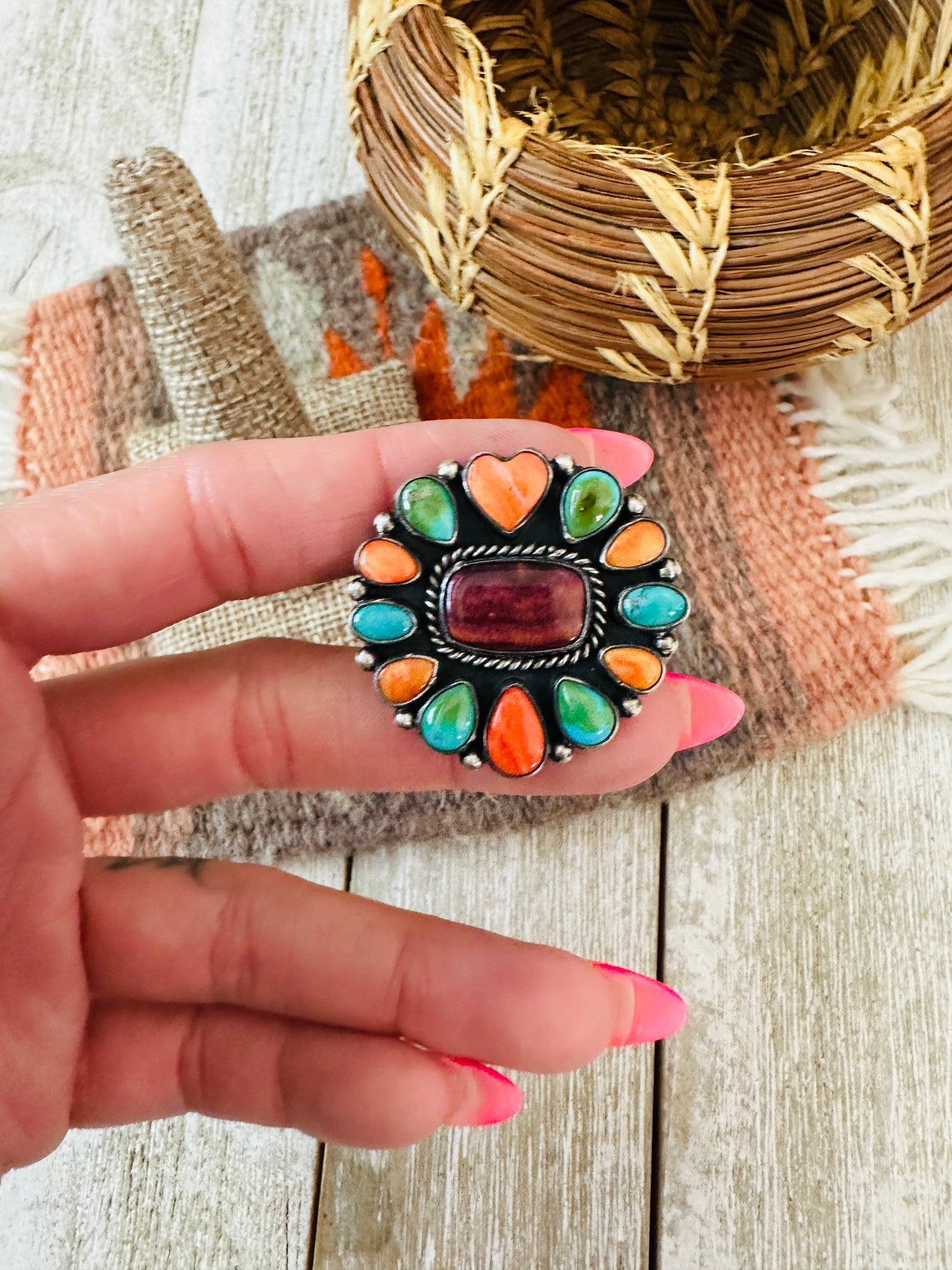 Handcrafted Electric Rainbow Sterling Silver, Turquoise & Spiny Ring by Bernyse Chavez and Angela Martin, Size 9