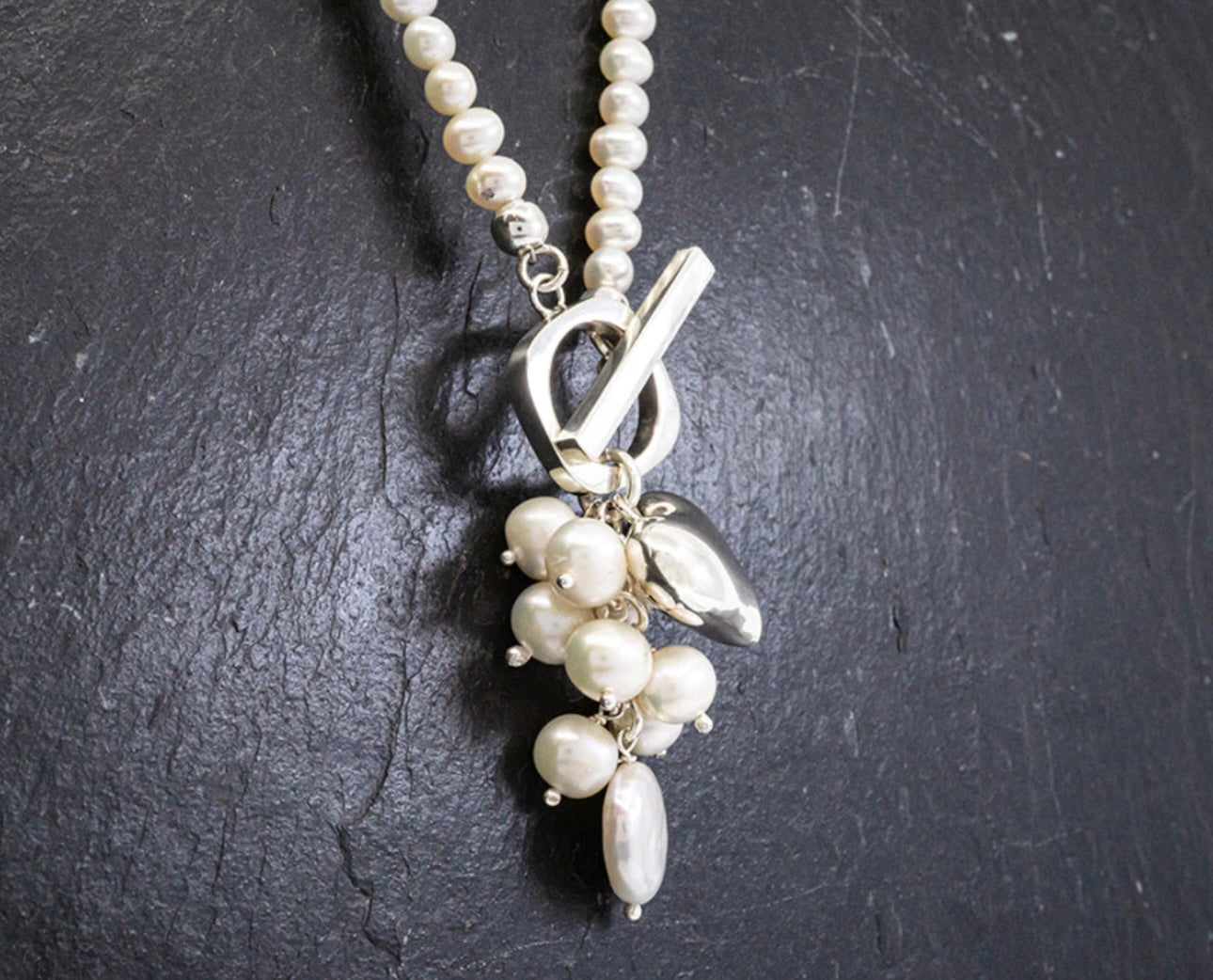 Pearl Cluster Necklace Sterling Silver Heart & Toggle