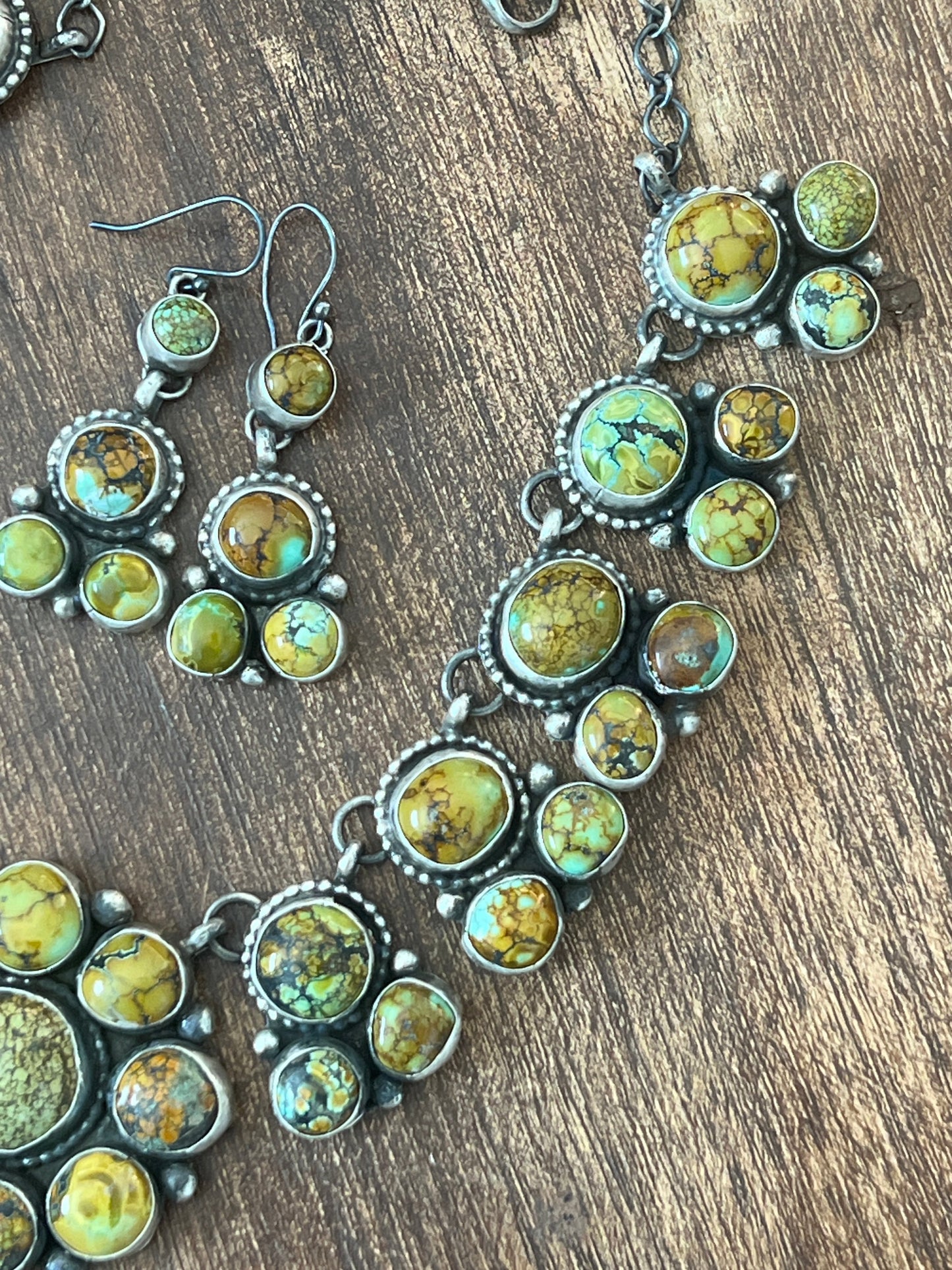 Handcrafted Sterling Silver and Blue Moon Turquoise Cluster Necklace and Earrings Set by Bobby Johnson
