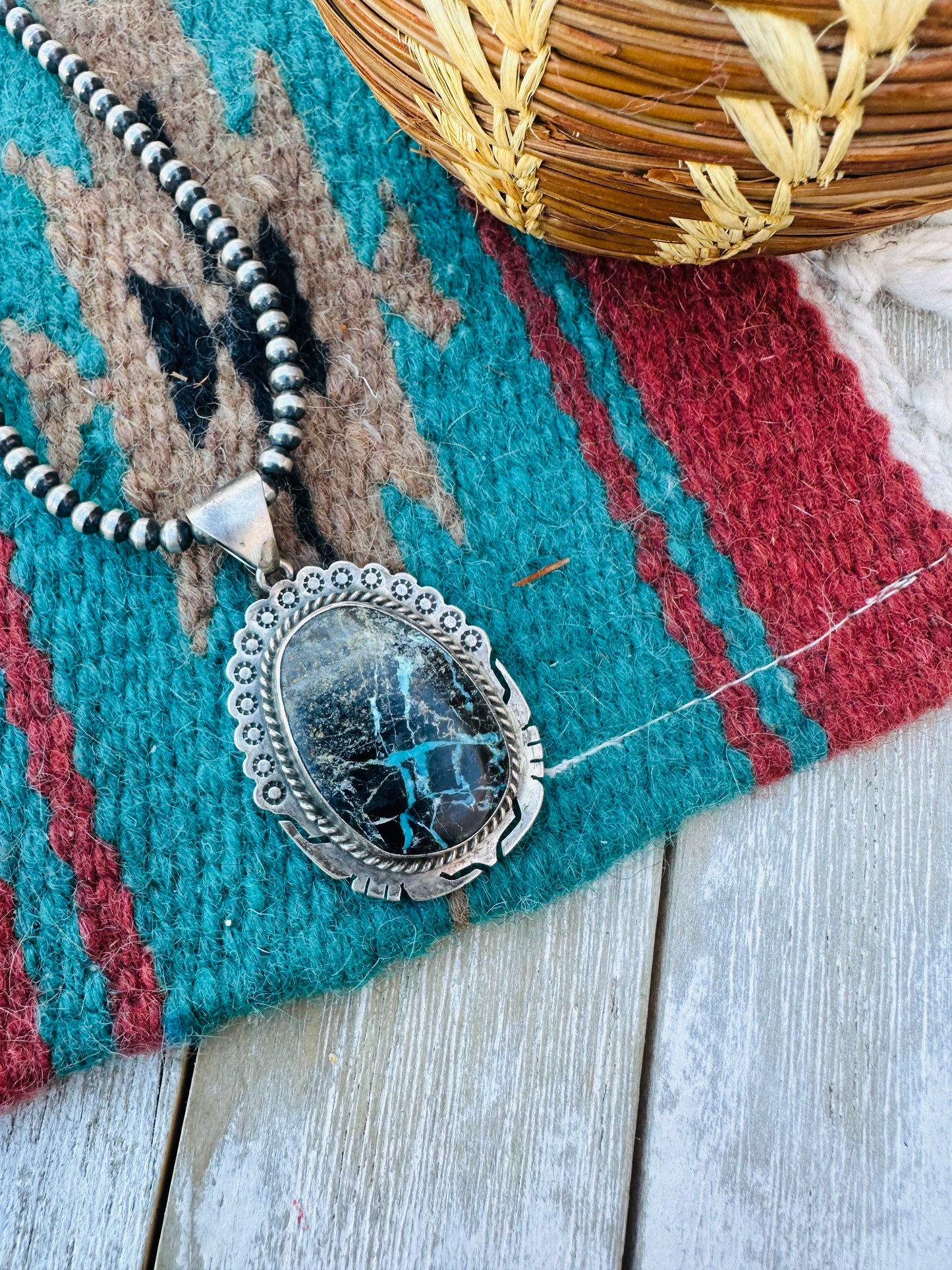 Handcrafted Sterling Silver and Black Jack Turquoise Pendant by Peggy Skeets