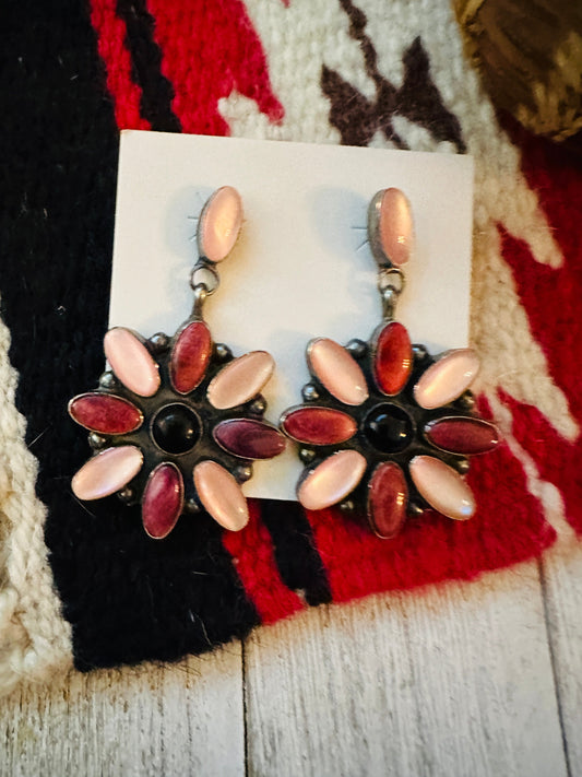 Handcrafted Mother of Pearl, Spiny, Onyx & Sterling Silver Dangle Earrings