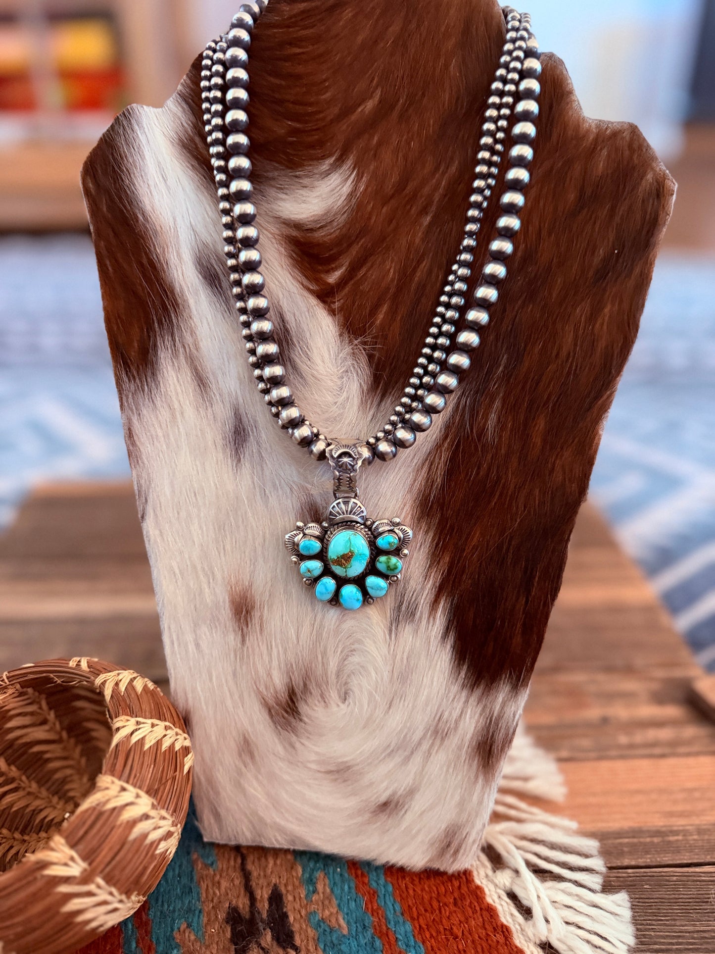 Handcrafted Sonoran Mountain Turquoise & Sterling Silver Beaded Necklace by Gilbert Tom