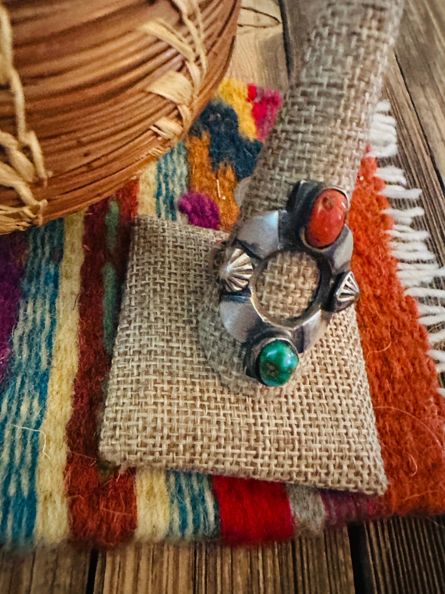 Handcrafted Turquoise, Coral & Sterling Silver Ring Size 11 by Chimney Butte