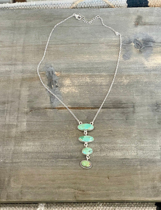 Handmade Sterling Silver & Royston Turquoise 4 Stone Drop Necklace Signed Nizhoni