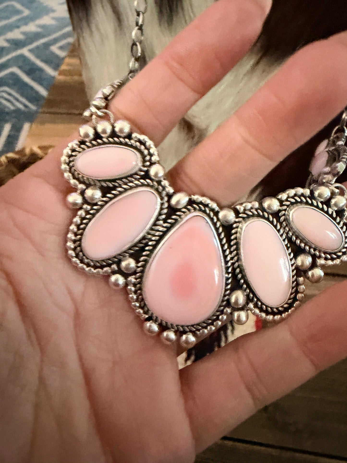 Handcrafted Queen Pink Conch & Sterling Silver Cluster Necklace and Earring Set by Joelias Draper