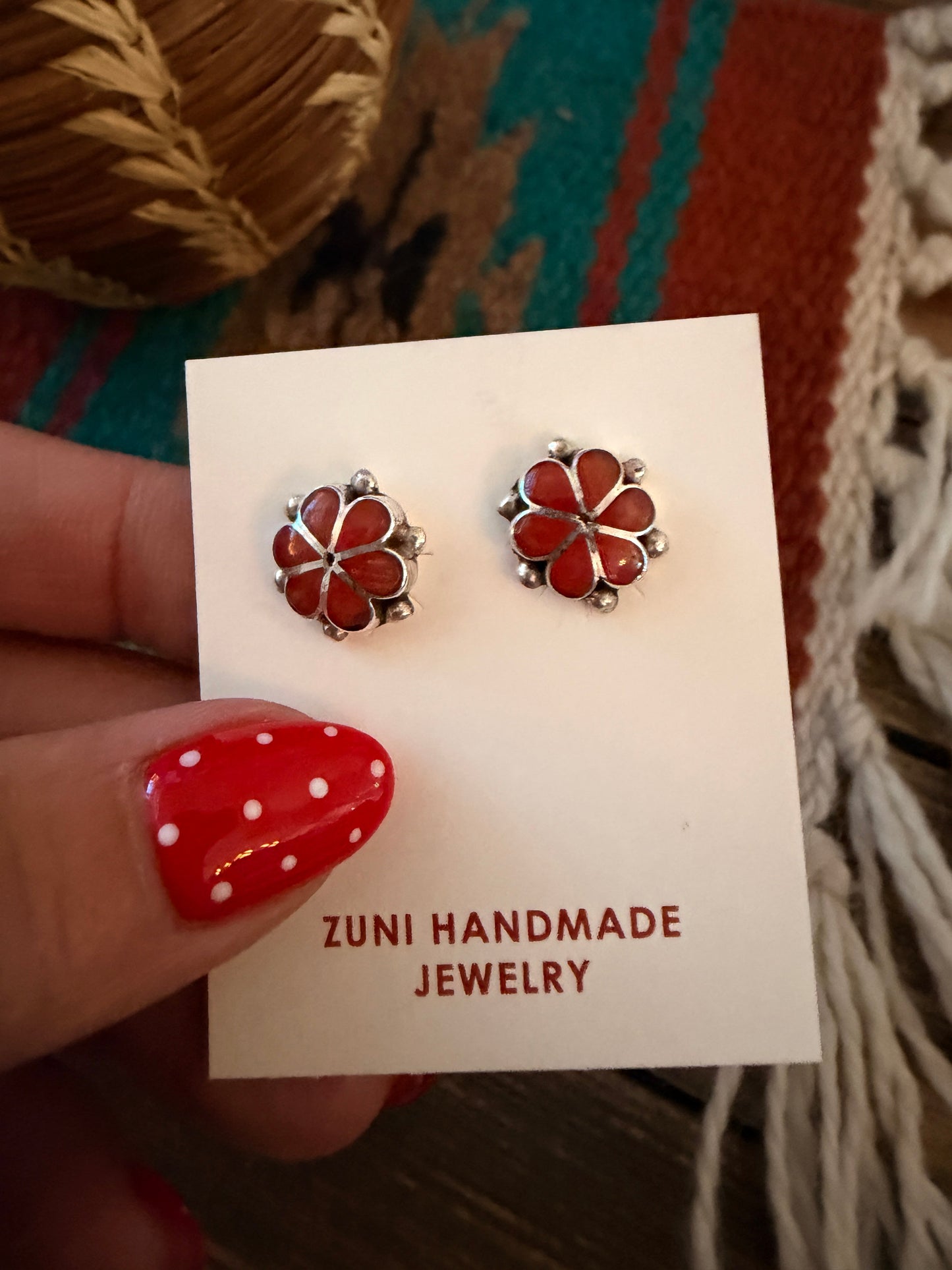 Handcrafted Sterling Silver & Coral Flower Stud Earrings