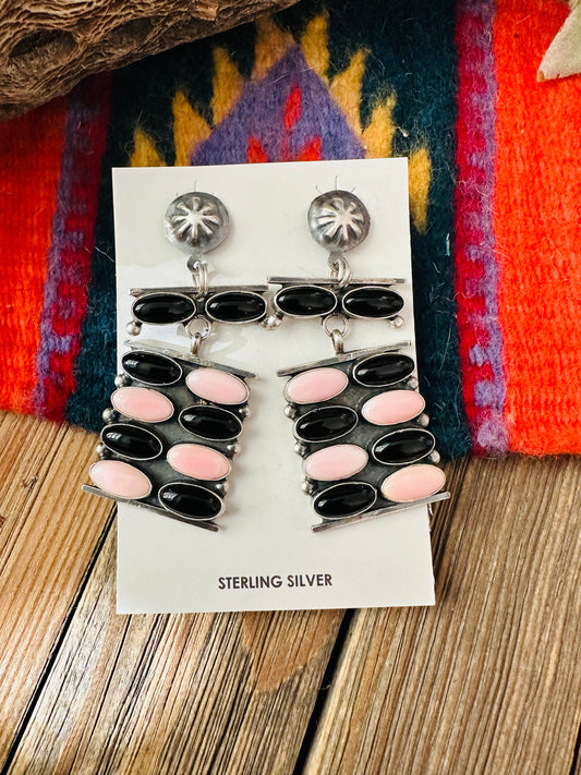Handcrafted Queen Pink Conch, Onyx & Sterling Silver Dangle Earrings