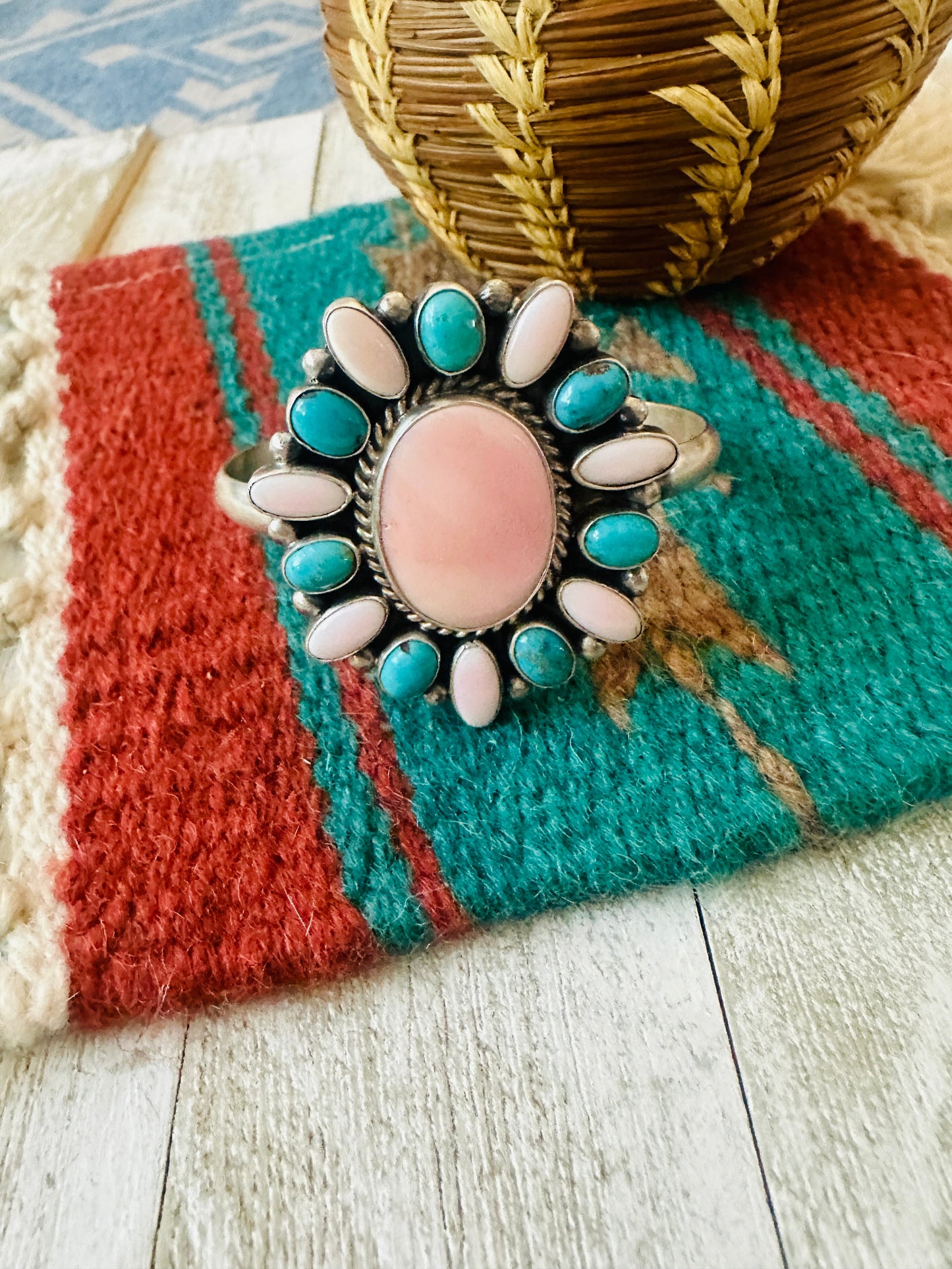 Navajo Queen Pink Conch, Turquoise & Sterling Silver Cluster Cuff Bracelet