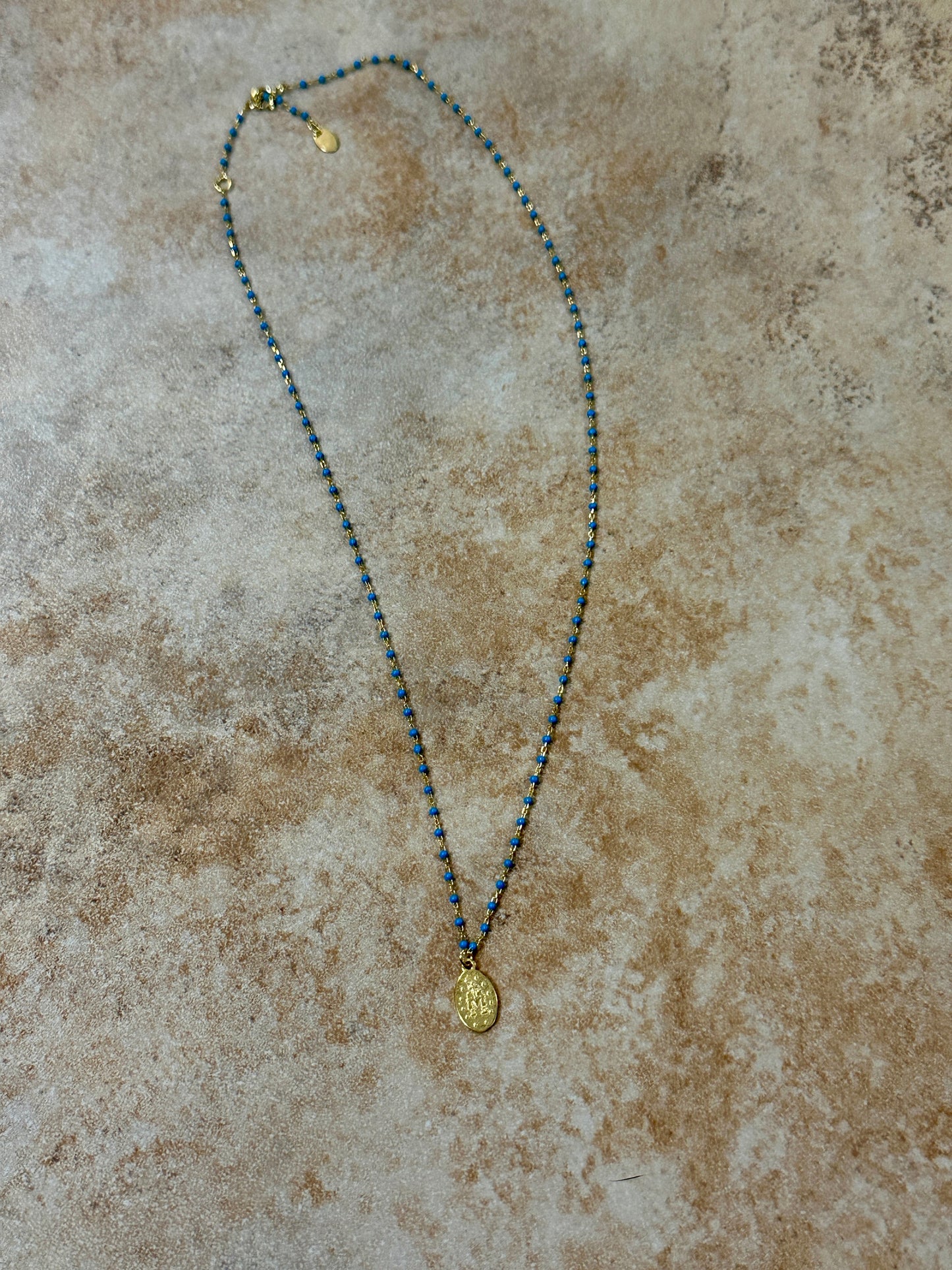 Turquoise Chip Saint Mary Pendant 14k Gold Plated Necklace