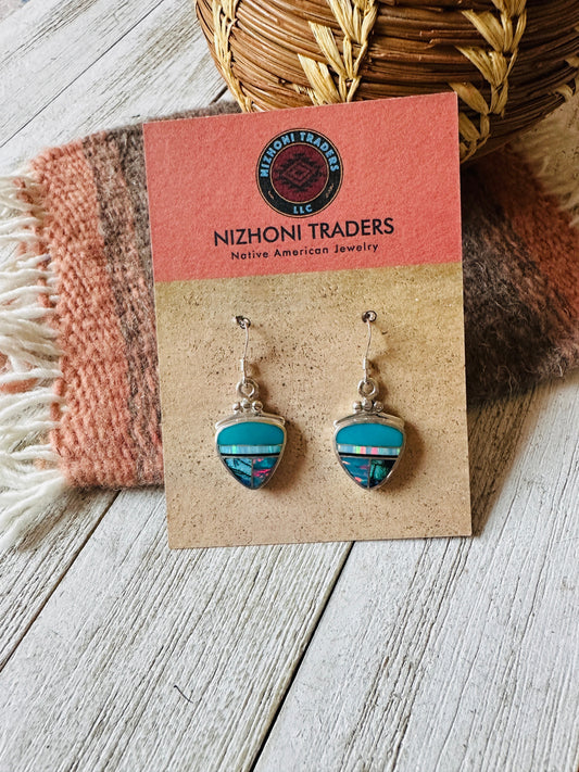 Handcrafted Sterling Silver & Multi Stone Inlay Dangle Earrings