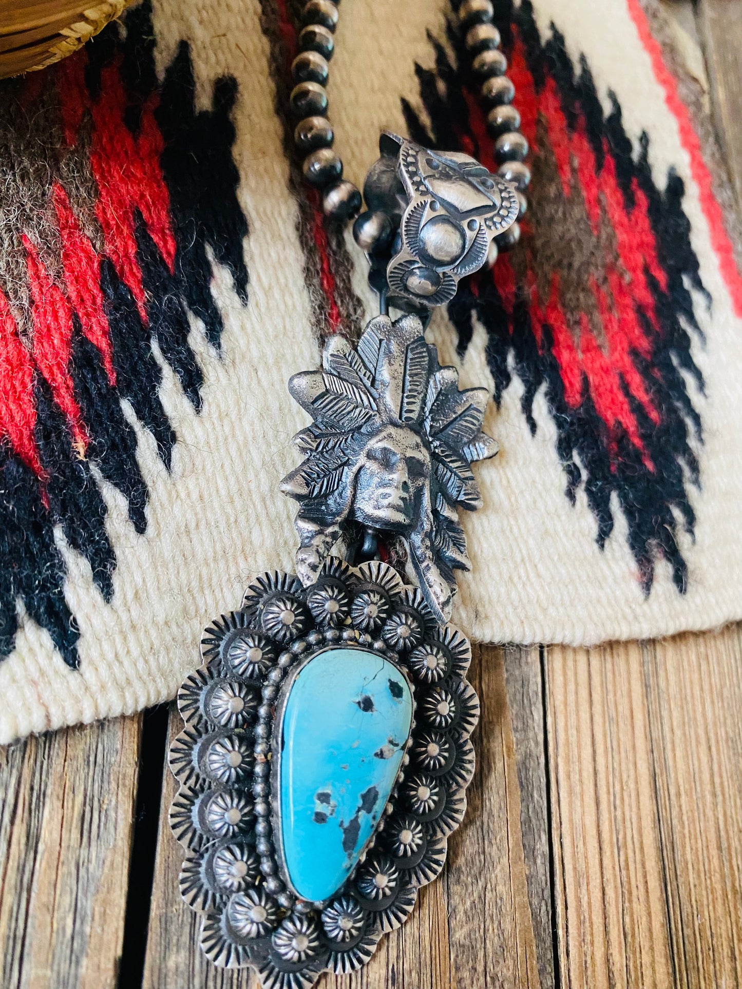 Navajo Sterling Kingman Turquoise & Sterling Silver Indian Chief Pendant