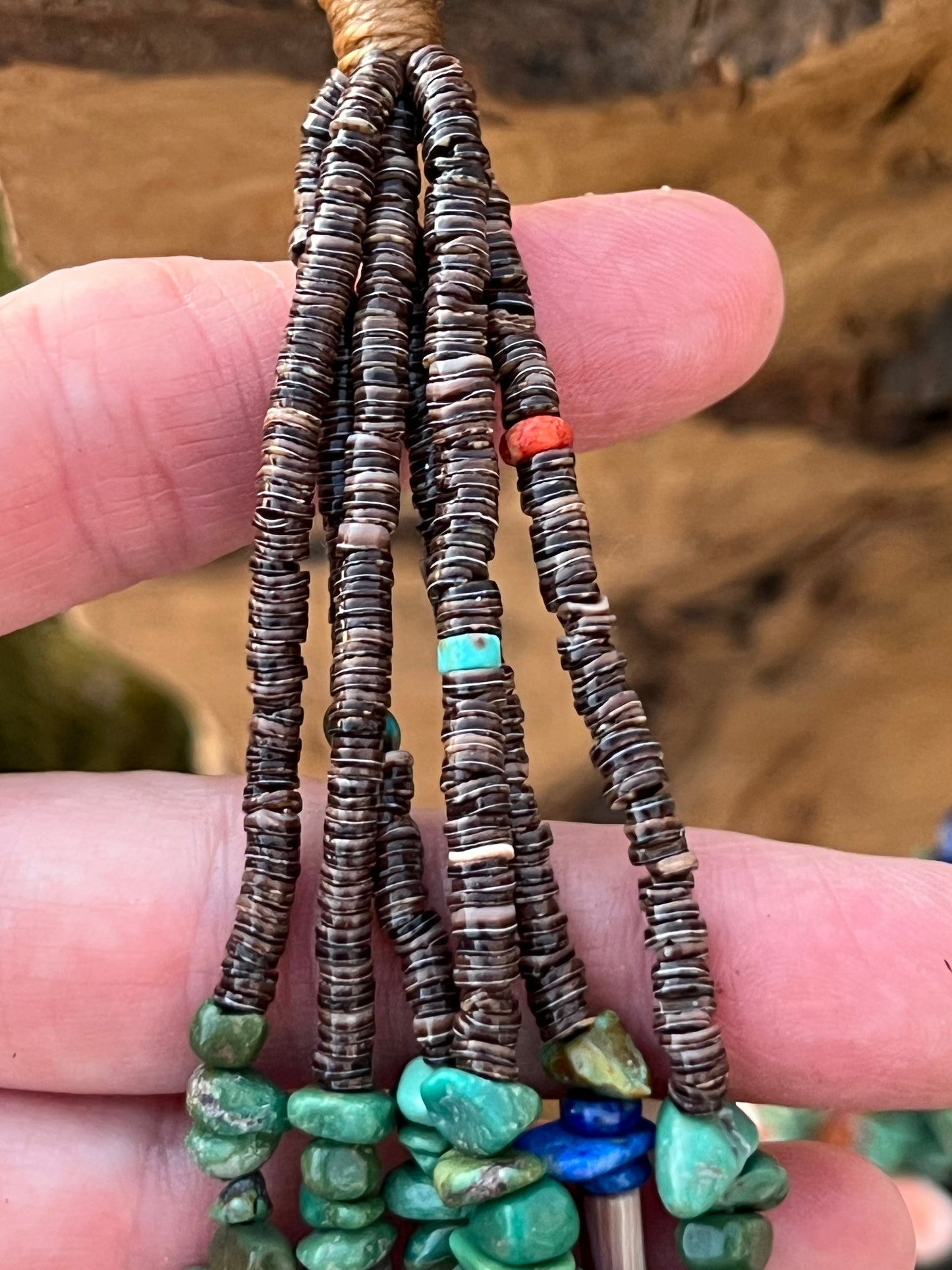 Gorgeous Handcrafted Made Six Strand Turquoise and Spiny Oyster Beaded Squaw Wrap Necklace, Green