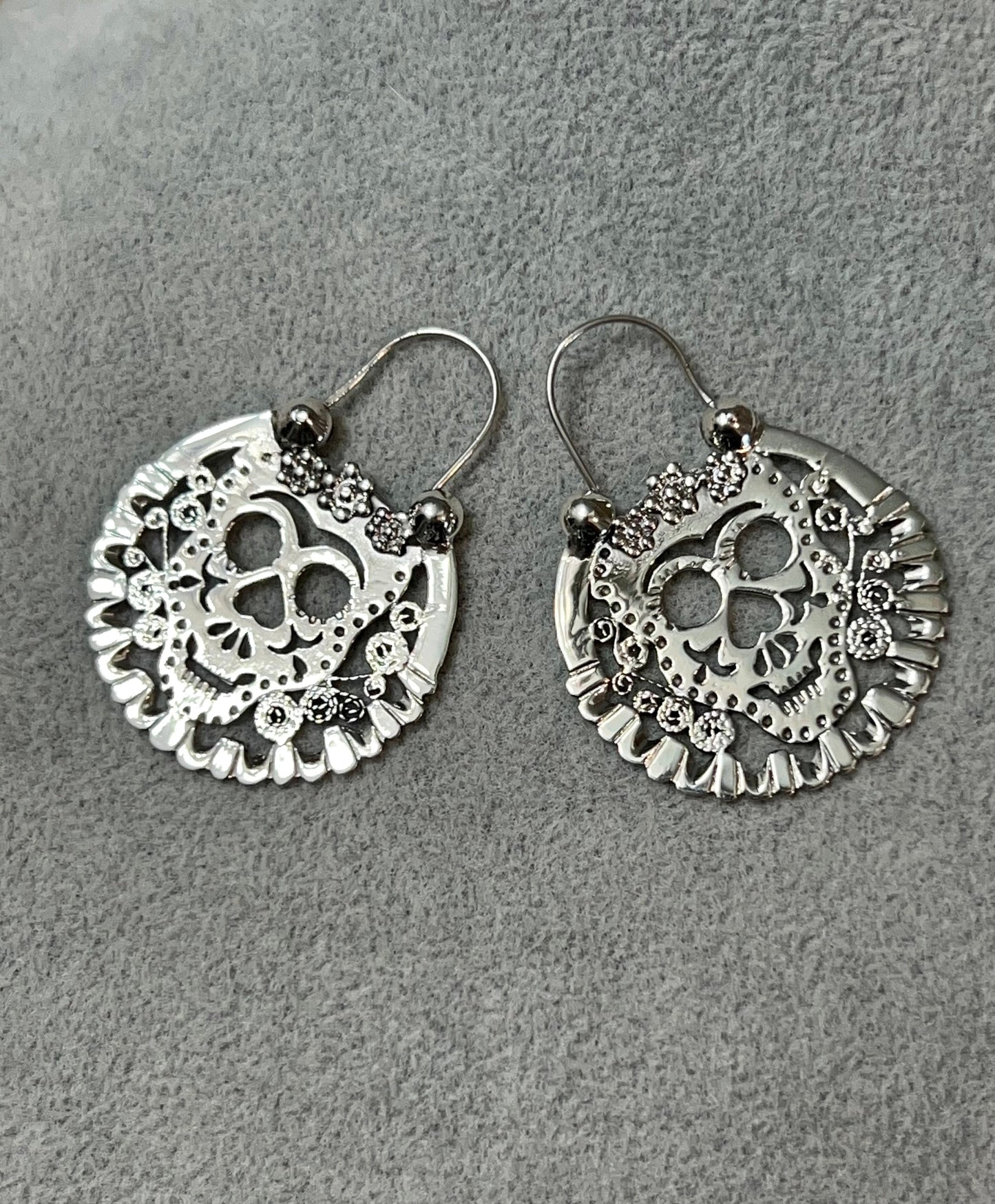 Pierced Sugar Skull on Arc Hook Sterling Silver Earrings