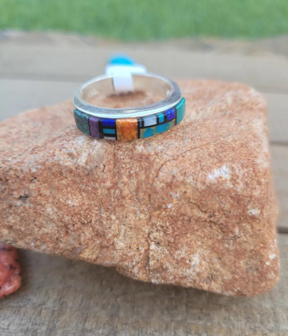 Handcrafted Sterling Silver & Multi Stone Inlay Band Ring Size 12.5