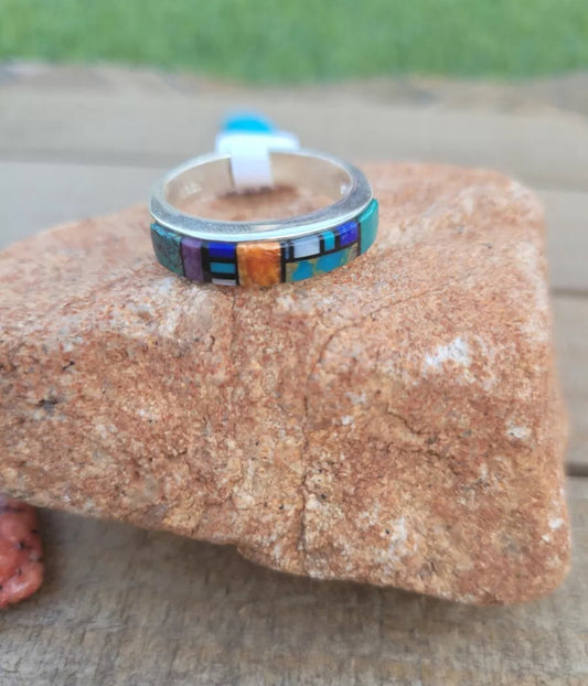 Handcrafted Sterling Silver & Multi Stone Inlay Band Ring Size 12.5