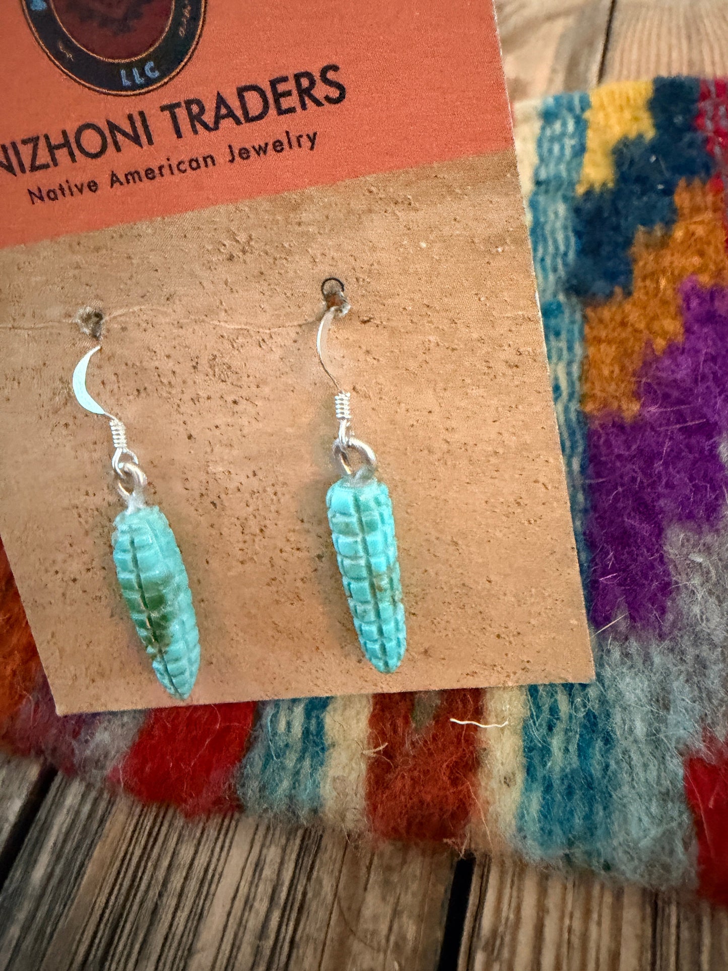 Hand Carved Turquoise Corn Dangle Earrings by Daniel Aguilar