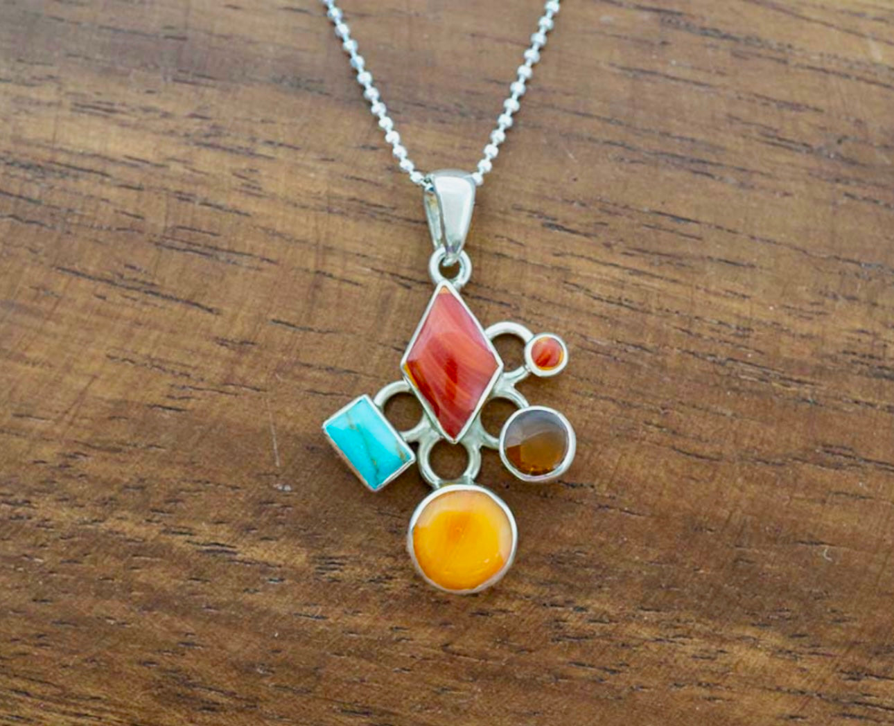 Multistone Mosaic Sterling Silver Pendant Necklace