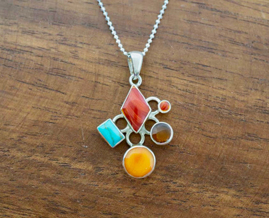 Multistone Mosaic Sterling Silver Pendant Necklace