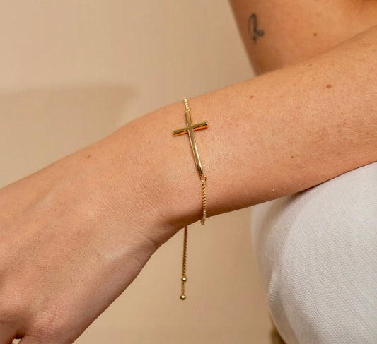 Polished Cross Bolo Bracelet- 14k Gold
