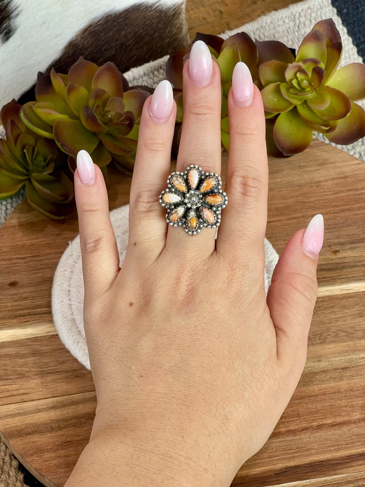 Beautiful Handmade Sterling Silver And Spice Flower Cluster Adjustable Ring