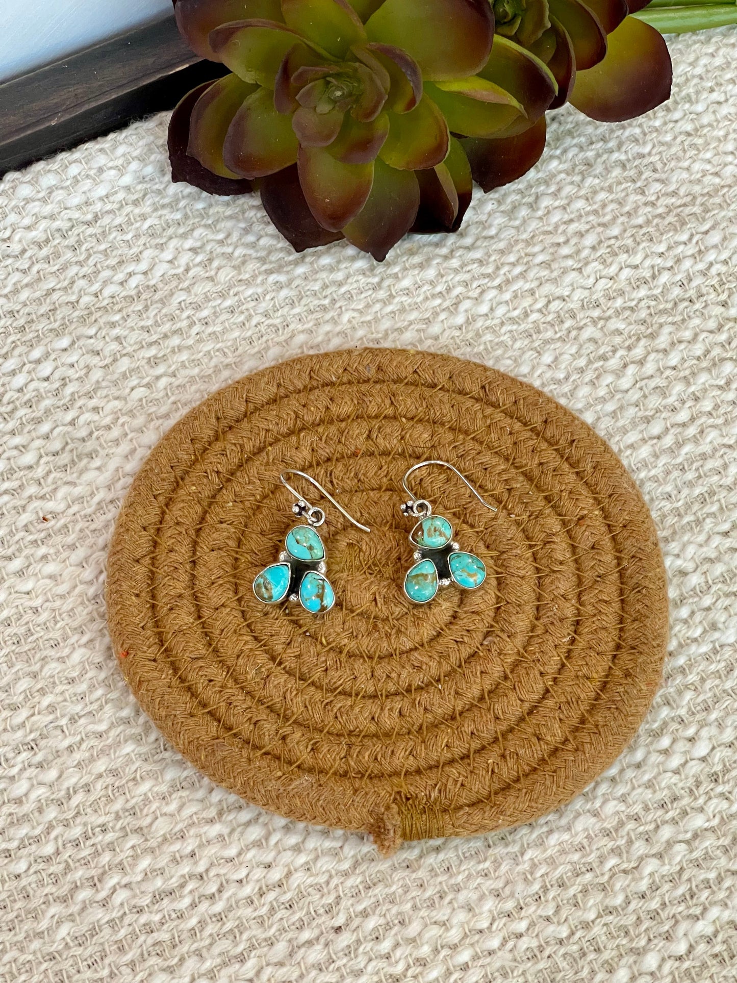 Handmade Sterling Silver Kingman Turquoise Wire Dangle Earrings with Signed Nizhoni